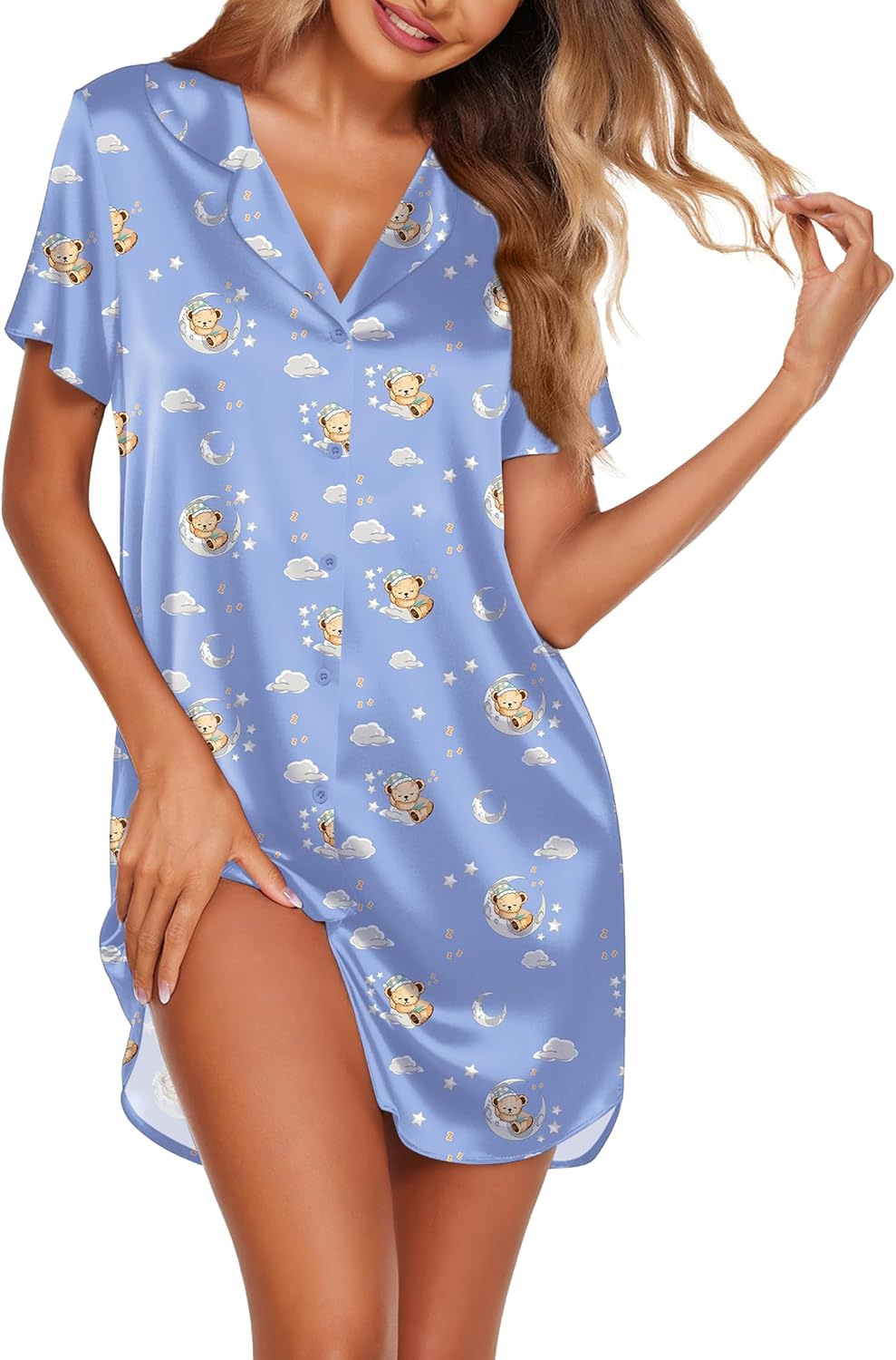 Ekouaer Women's Sleepshirts Satin Silk Nightgown Short Sleeve Sleepwear Casual Print Sleepdress Boyfriend Pajamas Nightshirt