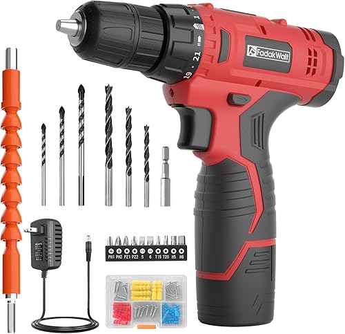 Miniatura 10 de FADAKWALT Juego de taladro inalámbrico, juego de taladro eléctrico de 12 V con batería y cargador, portabrocas sin llave de 3/8 pulgadas, ajuste