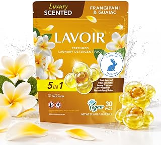 LAVOIR Perfumed Vegan Laundry Pods 30 Ct | Stain & Odor Remover | Vegan Plant-Based Detergent Pacs | Long-Lasting Fragrance | HE Cold Water Safe, Sensitive Skin & Baby Safe (Frangipani & Guaiac)