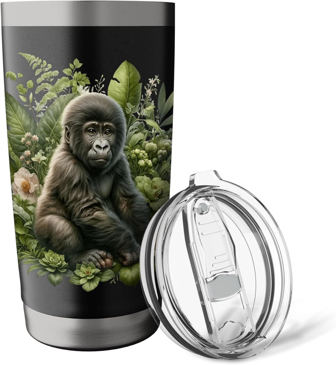Baby Gorilla In Nature Green Floral Jungle Leaf Background Stainless Steel Insulated Tumbler - Image 5