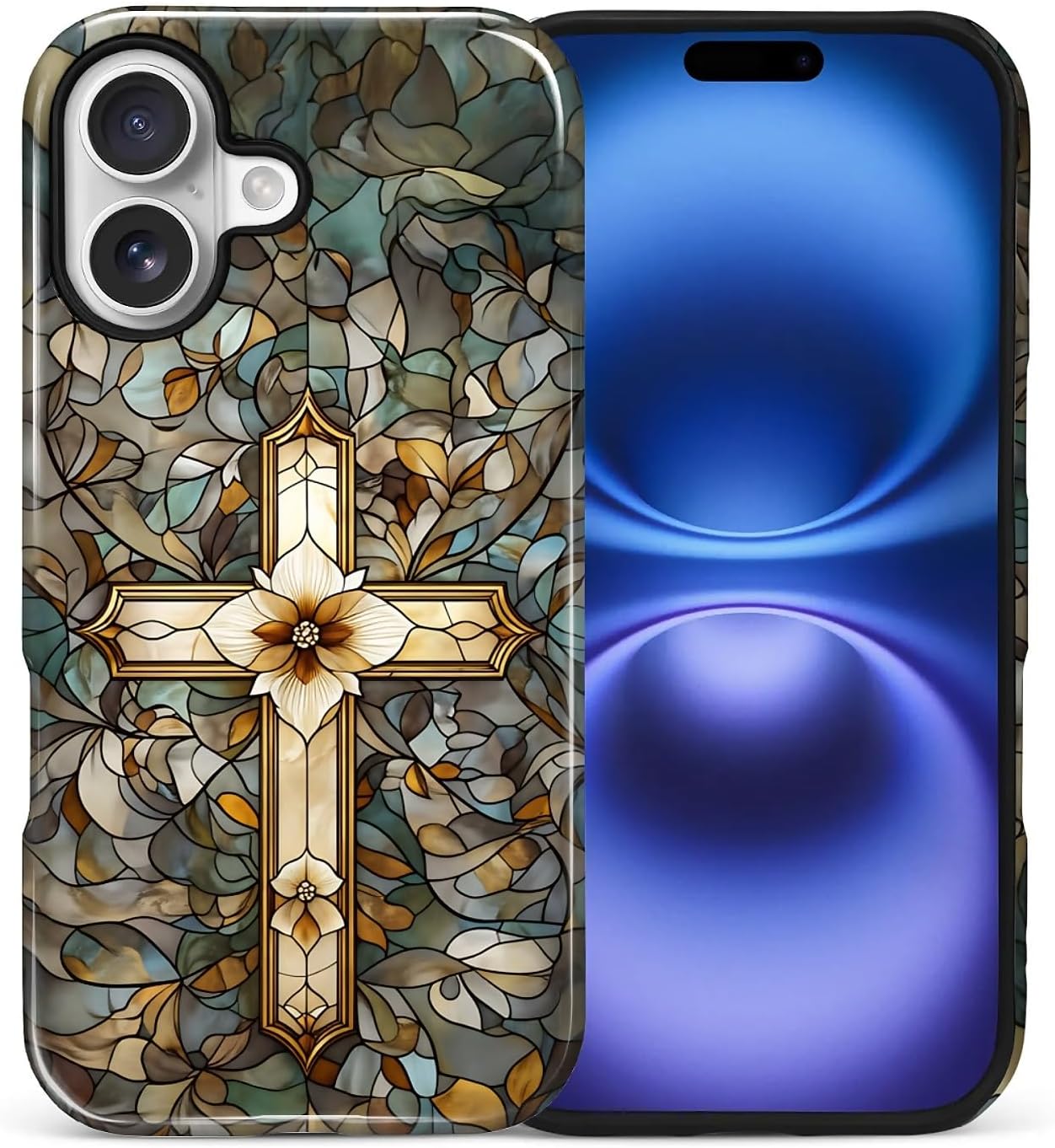 for iPhone 17 Case, Christian Cross Stained Glass Pattern Glossy 2 in 1 Shockproof Bumper Drop Protective Case for Girl Women Boy Men image 2