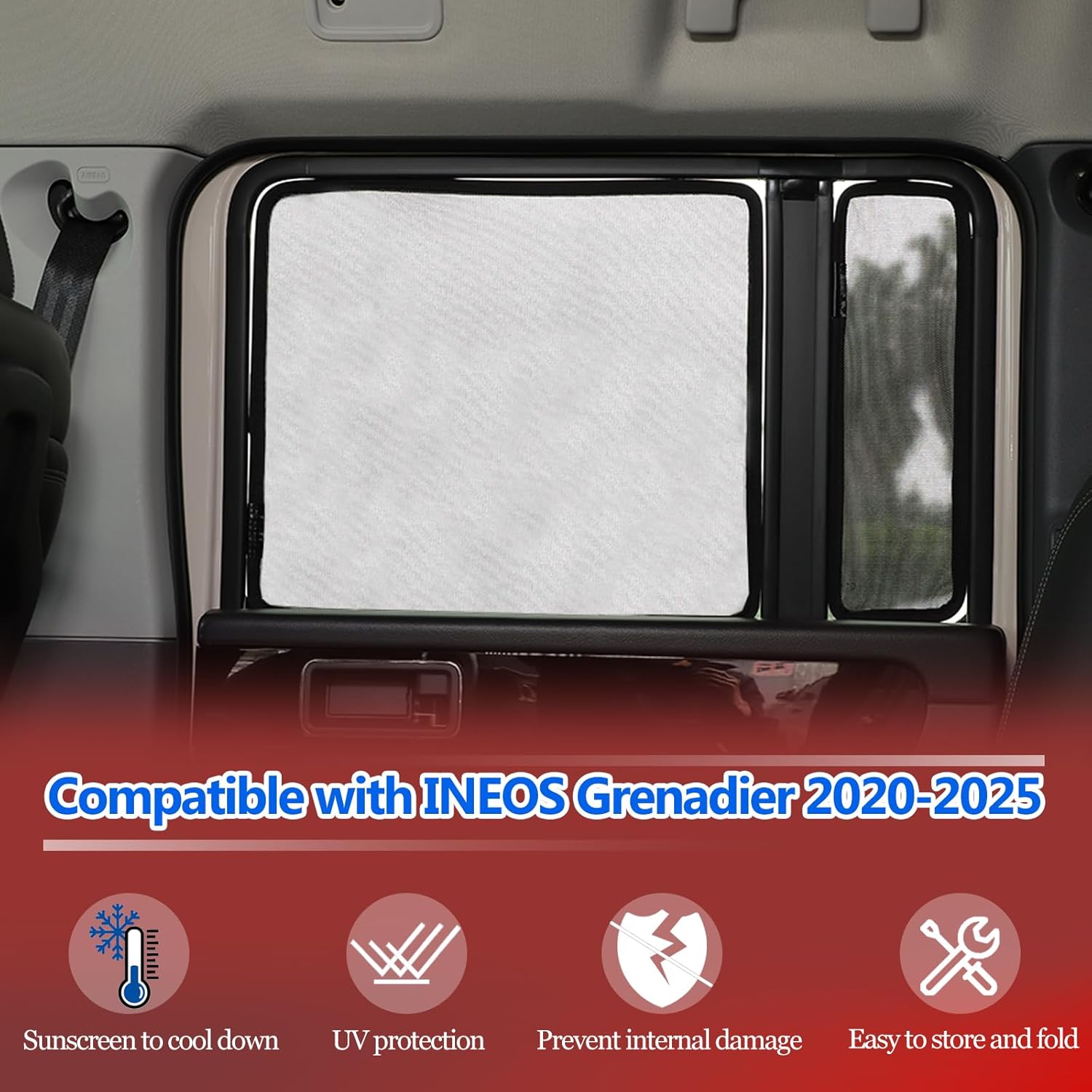 Car Side Window Sunshade Compatible with INEOS Grenadier 2020-2024 2025+, Breathable Privacy Blackout Car Seat Camping Super Stretchy Mesh Window Cover (Rear)