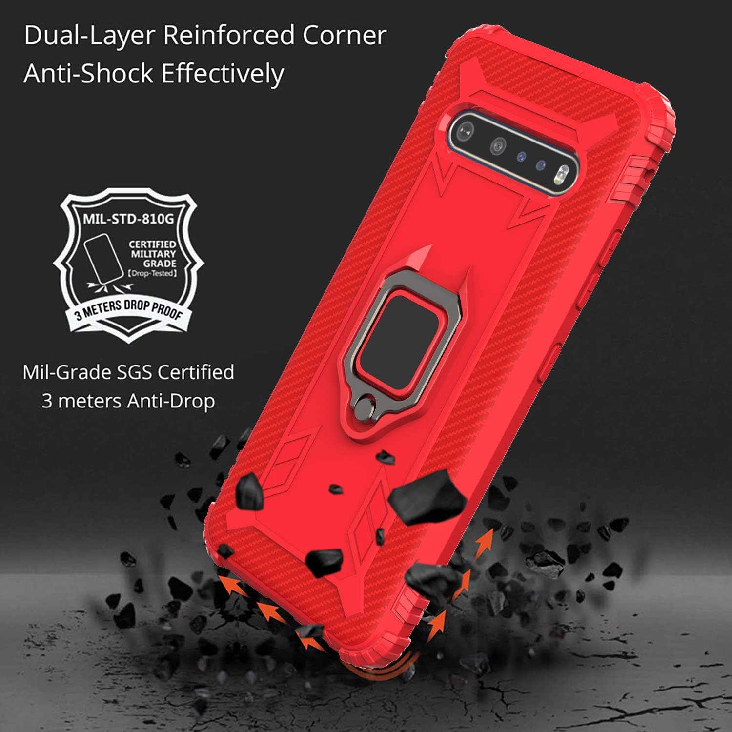 Starhemei for LG V60 ThinQ Case, LG V60 Case, TPU Armor Carbon Fiber Case Car Ring Anti-Skid Anti-Fall Kickstand Phone Case for LG V60 ThinQ (Red)
