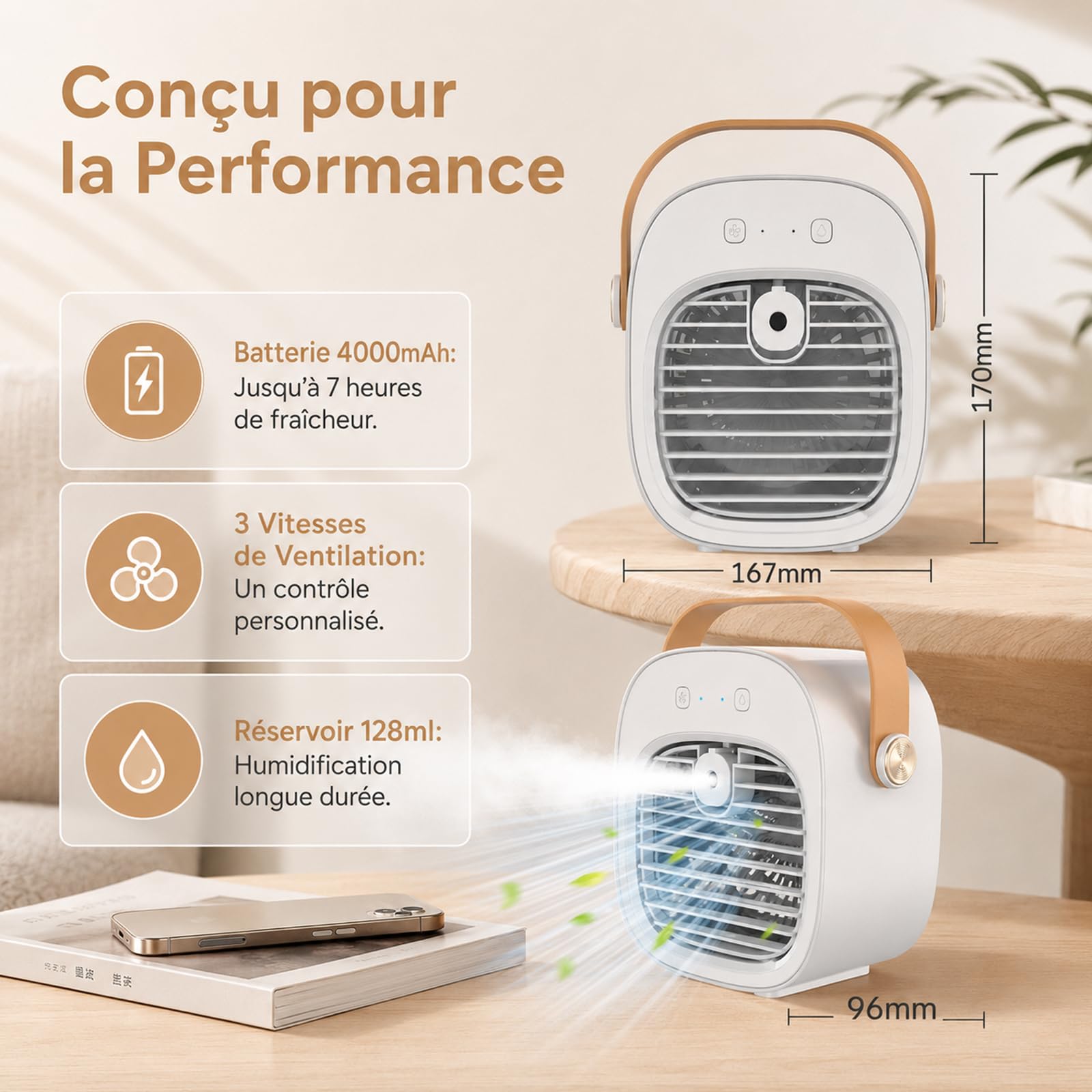 Ventilateur d'air froid 3 vitesses 128 ml Nano spray Refroidissement rapide Ventilateur refroidisseur d'eau de bureau faible bruit