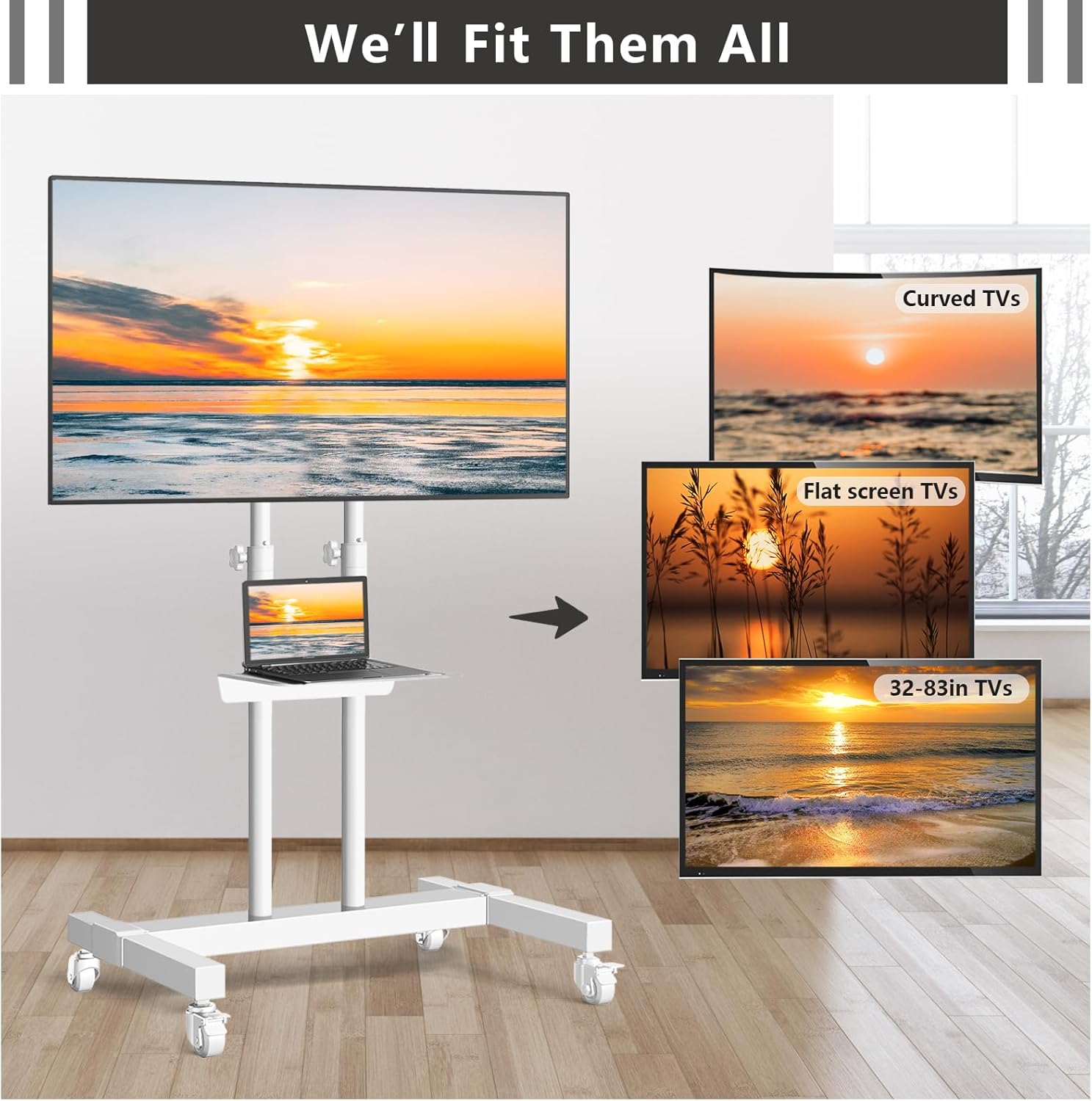 TVON Upgraded Mobile TV Stand on Wheels for 32-83 inch Flat Screen/Curved TVs up to 110 lbs, Height Adjustable Mobile TV Cart with Metal Laptop Shelf, Rolling TV Stand for Home and Office Use,White