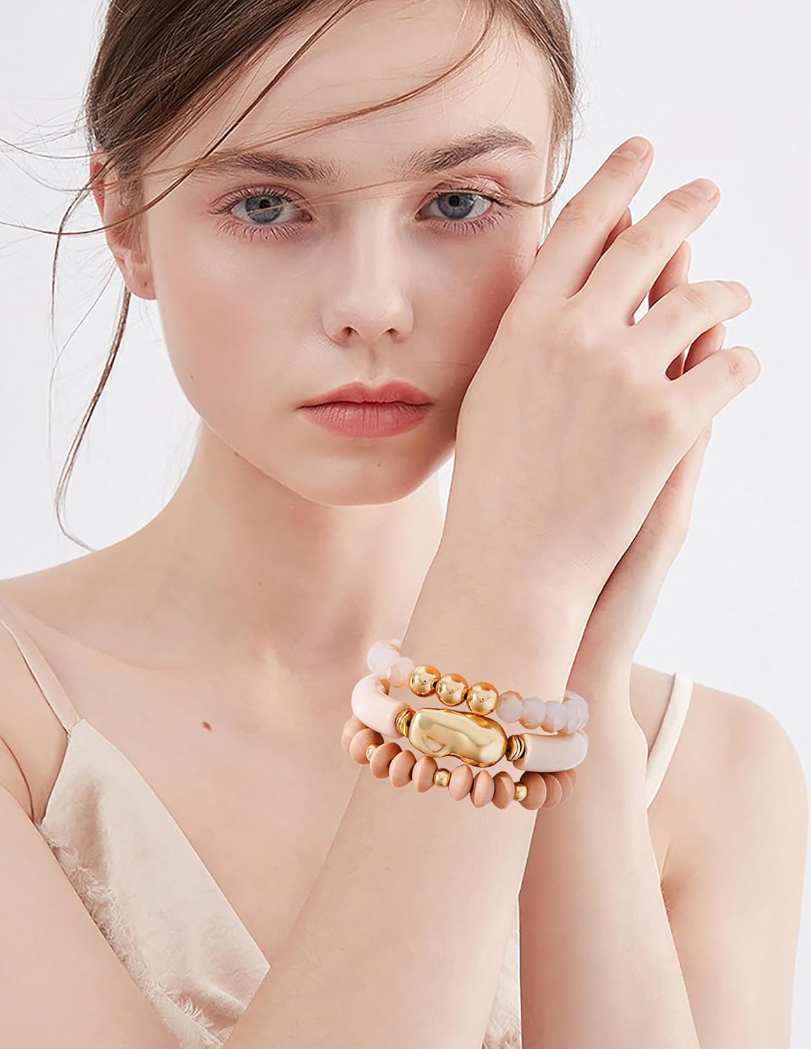 LALAPPLE Gold Plated Beaded Acrylic Bamboo Tube Bangle Bracelets for Women, Colorful Chunky Curved Tube With Gold Plated Pieces Beads Stretch Bracelet Friendship Summer Beach Jewelry - Image 6