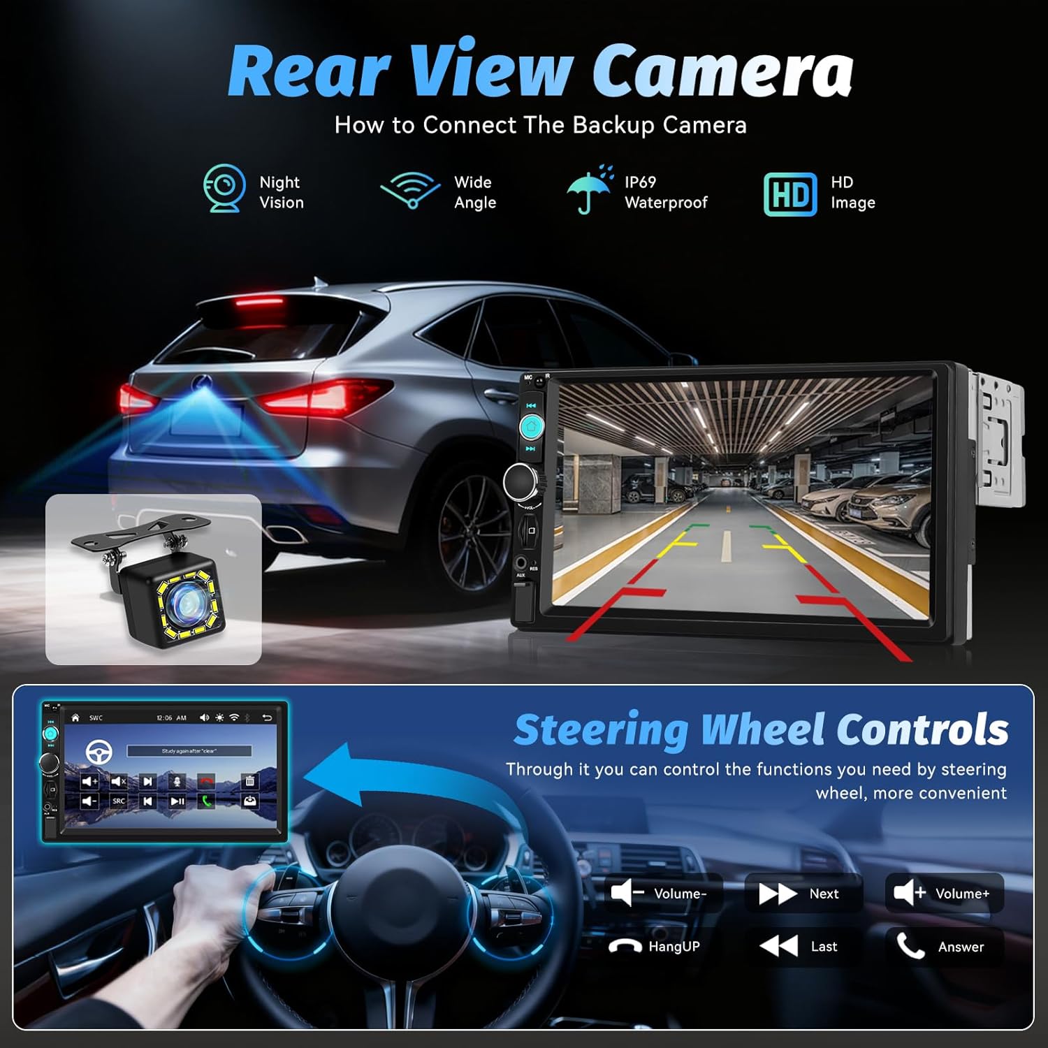 7 Inch Single Din Car Radio, 1 Din IPS Touch Screen Car Stereo with Wireless Carplay and Android Auto, Bluetooth, Yo-u-Tu-be Video, Mirror Link, FM Radio, SWC, USB, EQ, Backup Cam