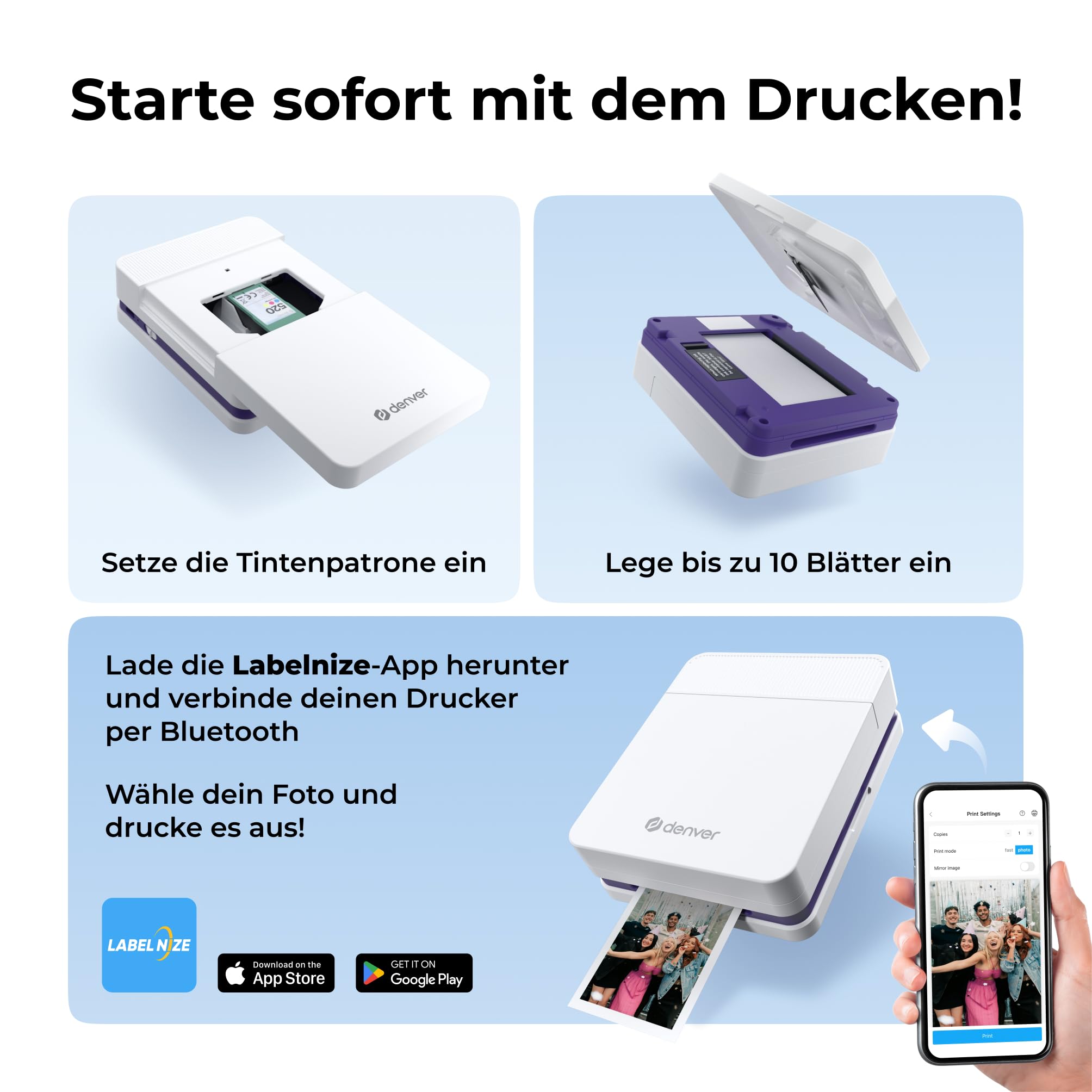 Denver MCP-6010 Mini Fotodrucker für Smartphone, mobiler Farbdrucker mit Bluetooth 5.2, 600 DPI, iOS & Android, tragbarer Fotodrucker mit Akku, inkl. Patrone & 20 Blatt Fotopapier Set