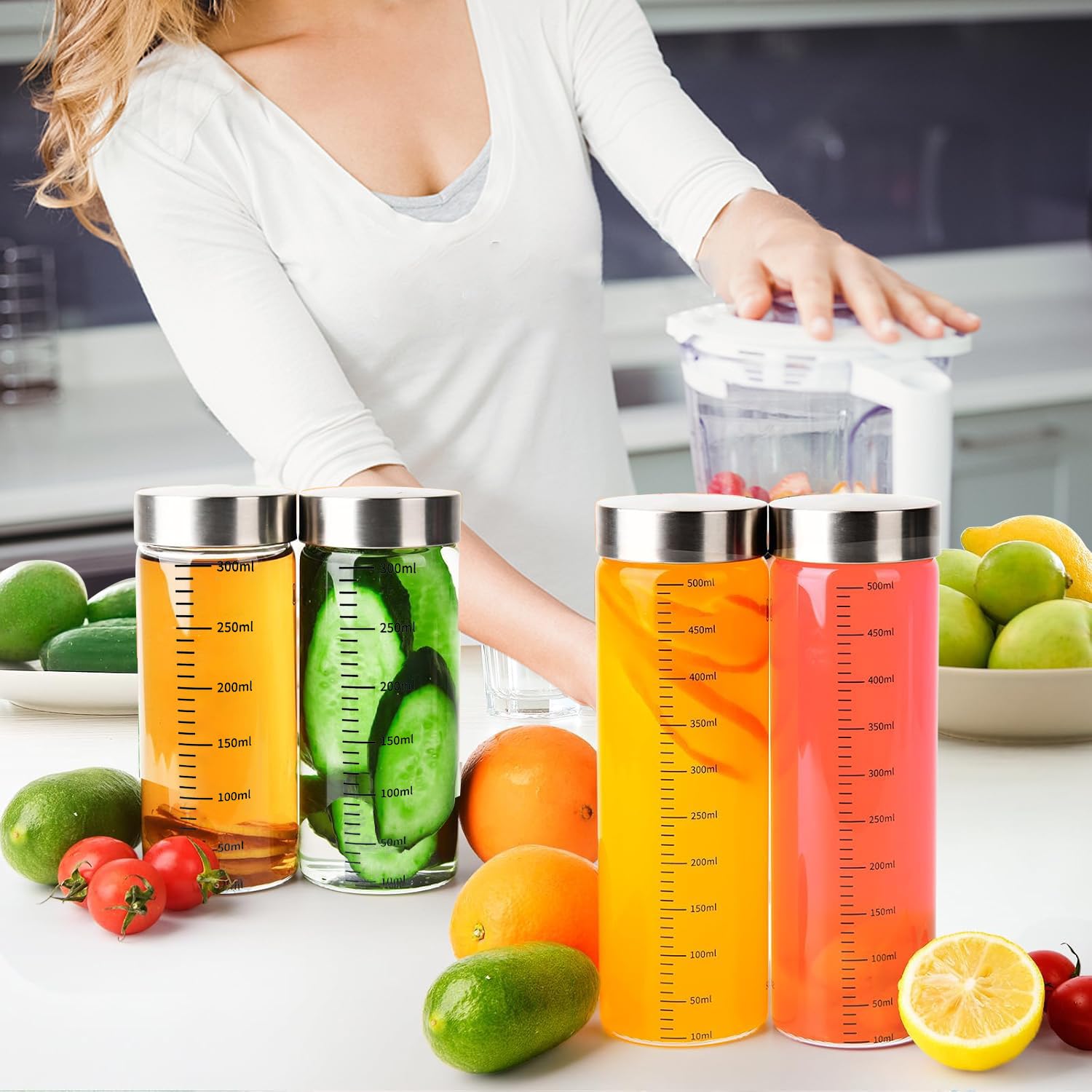 YBCPACK 4 botellas de cristal para rellenar 300 ml con tapa de acero inoxidable, vasos para batidos con escala, botellas de zumo reutilizables para rellenar zumos, leche, café helado, apto para