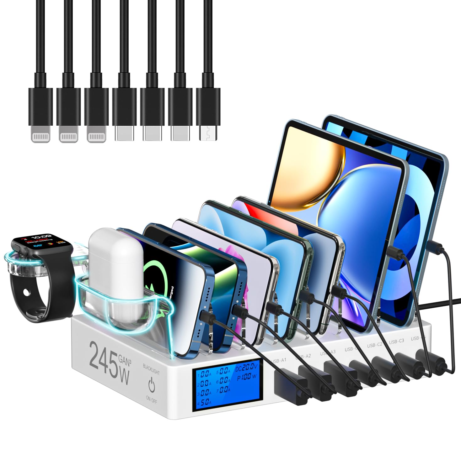 Stazione di Ricarica da 245W, 7 Porte Dispositivi Multipla USB, con schermo LCD Stazione Ricarica Cellulari per iPhone, Tablet e Altri Dispositivi Elettronici - bianco（Con 7 Cavi）