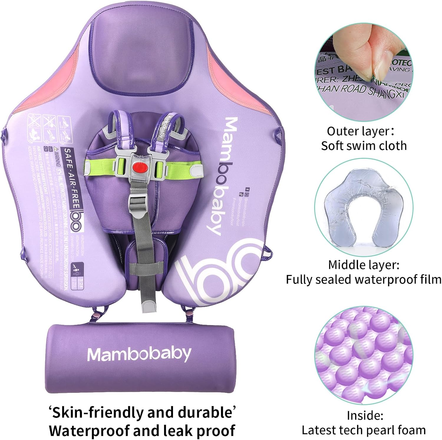 mambobaby float with canopy and tail new upgraded non-inflatable baby pool float mambo float swim trainer solid infant swim float adjustable pearl foam baby swim ring cloth zs purple