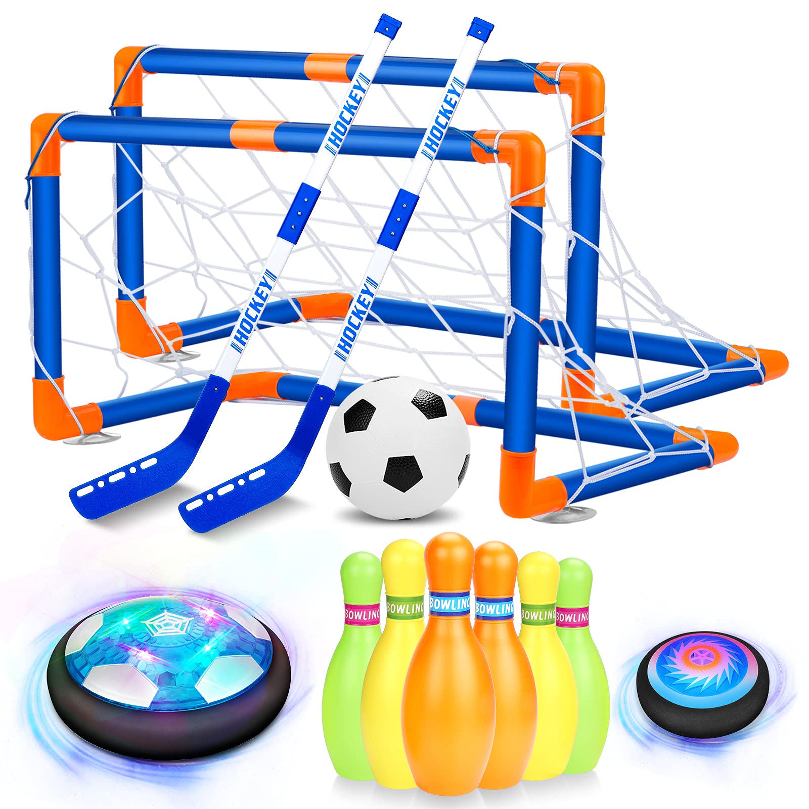 AoHu Kids Toys Hover Soccer Ball Set, Hover Hockey Set with Bowling Toys, Rechargeable Air Soccer wi