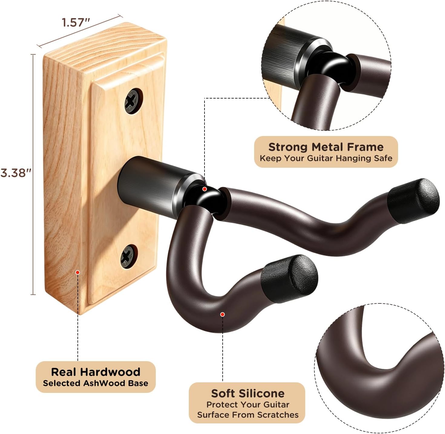 DIDA Guitar Wall Mount, Guitar Hanger, Silicone Pad, U-Shaped Guitar Wall Hanger Mount, Rotatable Guitar Holder Hook Stand Wall for Acoustic, Electric Guitar, Bass (Ash Wood, 2 Pack)