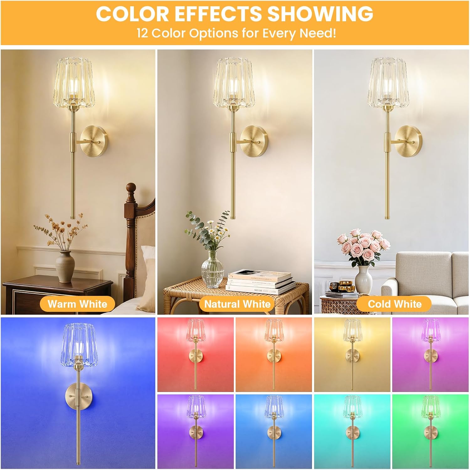 2 Packs Crystal Battery Wall Sconces, Rechargeable Wireless Clear Lights, 12 Color Changing & 3CCT Dimmable, Gold Metal Finish Clear Glass Wall Lamps for Bathroom Dining Room Bedroom Accent