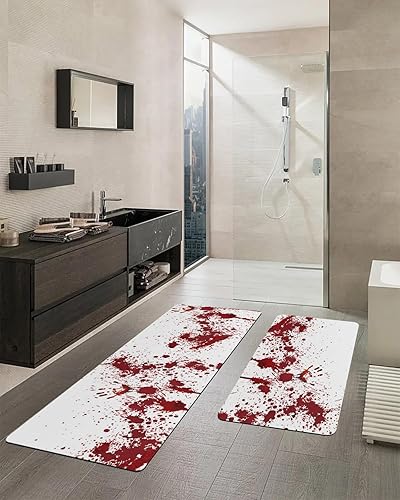 Miniatura 2 de Juego de 2 alfombras de baño de Halloween, 2 piezas de mano de sangre, espeluznante, alfombra de baño espeluznante con temática de zombi, tapetes de