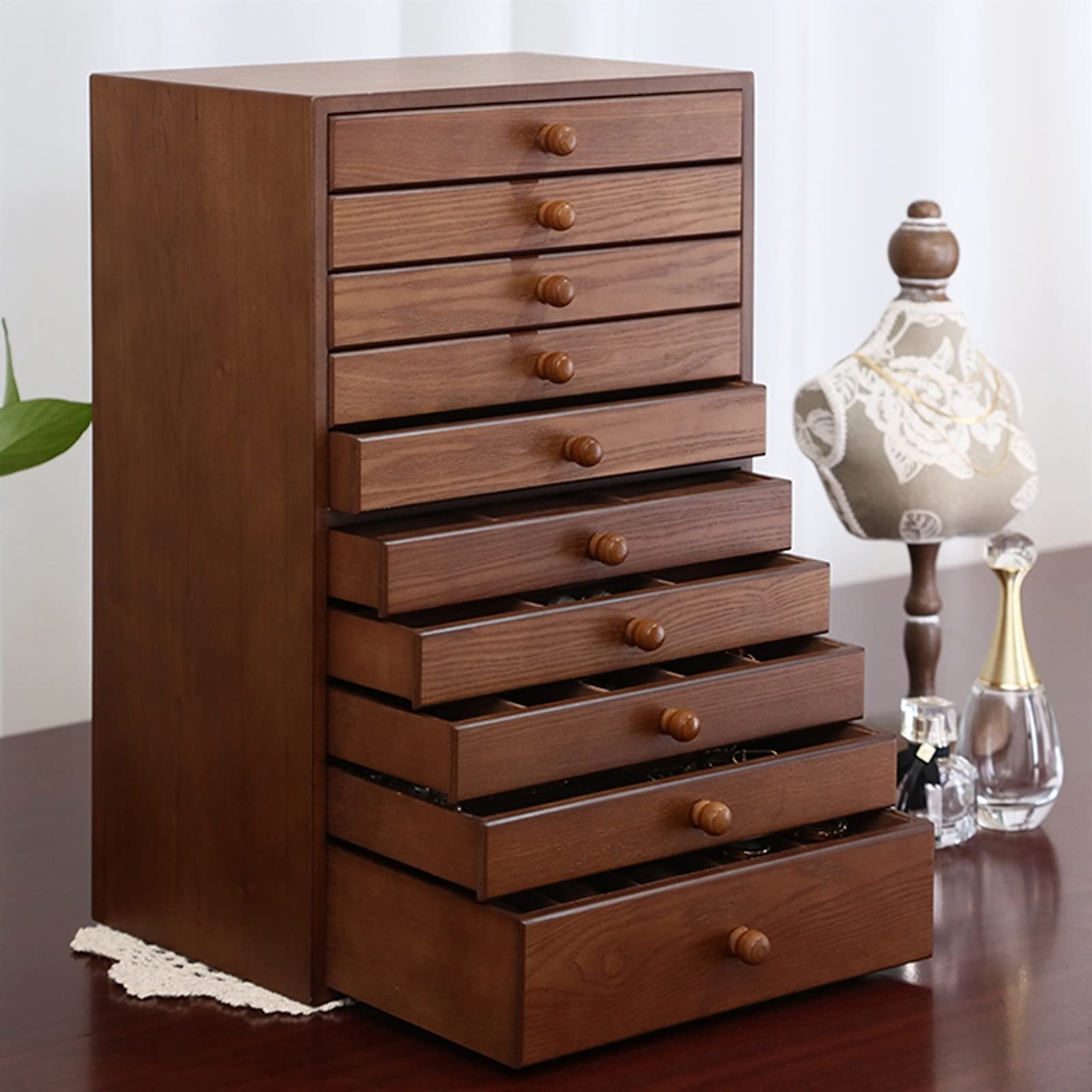 XBTGS Schmuckkästchen, extra große Holz-Schmuckschatulle für Damen, 10 Schubladen, Aufbewahrungsbox, Organizer, Behälter aus massivem Holz für Schmuck, Uhren, Halsketten, Ringe, Aufbewahrungsbox für