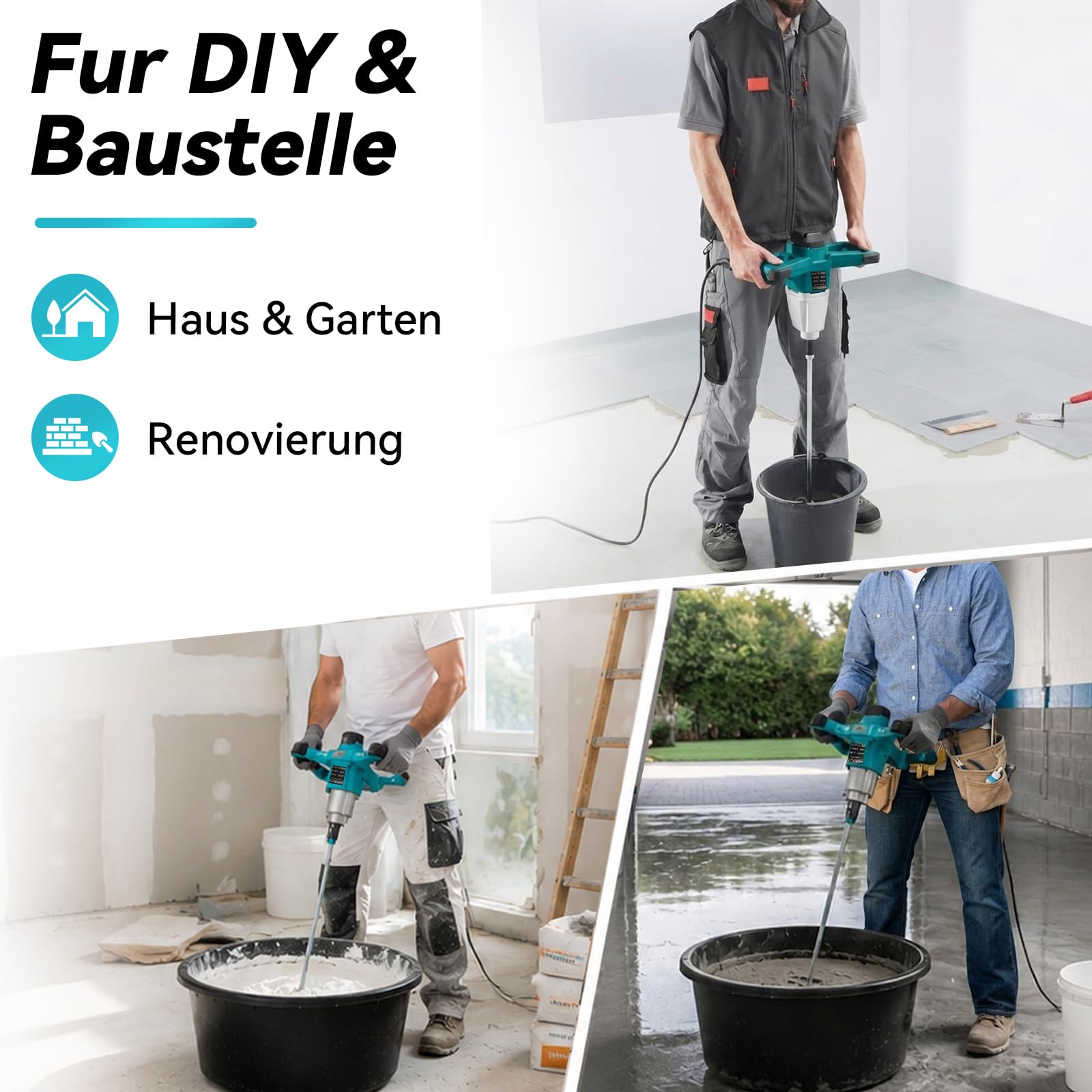 Mörtelrührer, 2400W Rührwerk mit 6-Gang-Getriebe, 1200r/min Quirl Mörtelrührer, Bürstenloser Reiner Kupfermotor, M14-Gewindemischer 1,8m Kabel Geeignet für Mörtel, Gips, Kleber und Zement