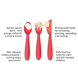 ezpz Happy Utensils - 24 Months+ (Coral) - BPA Free Toddler Utensils - Fork, Spoon and Knife for Toddlers and Preschoolers - For Self-Feeding Development