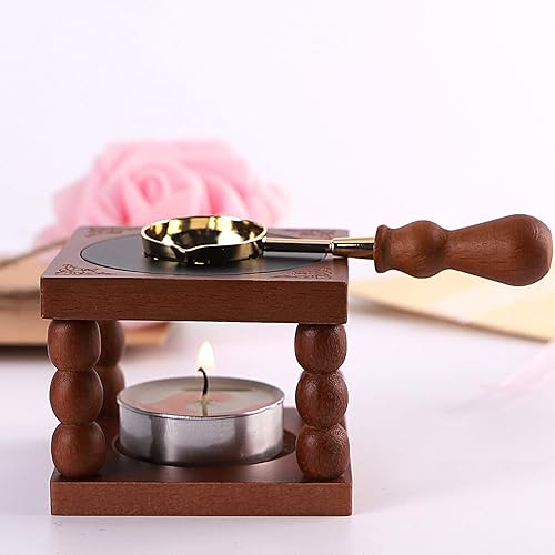Miniatura 3 de Herramienta de horno de fusión de sello de cera, calentador de sellos de cera de madera con cuchara de latón resistente al calor y vela de té en