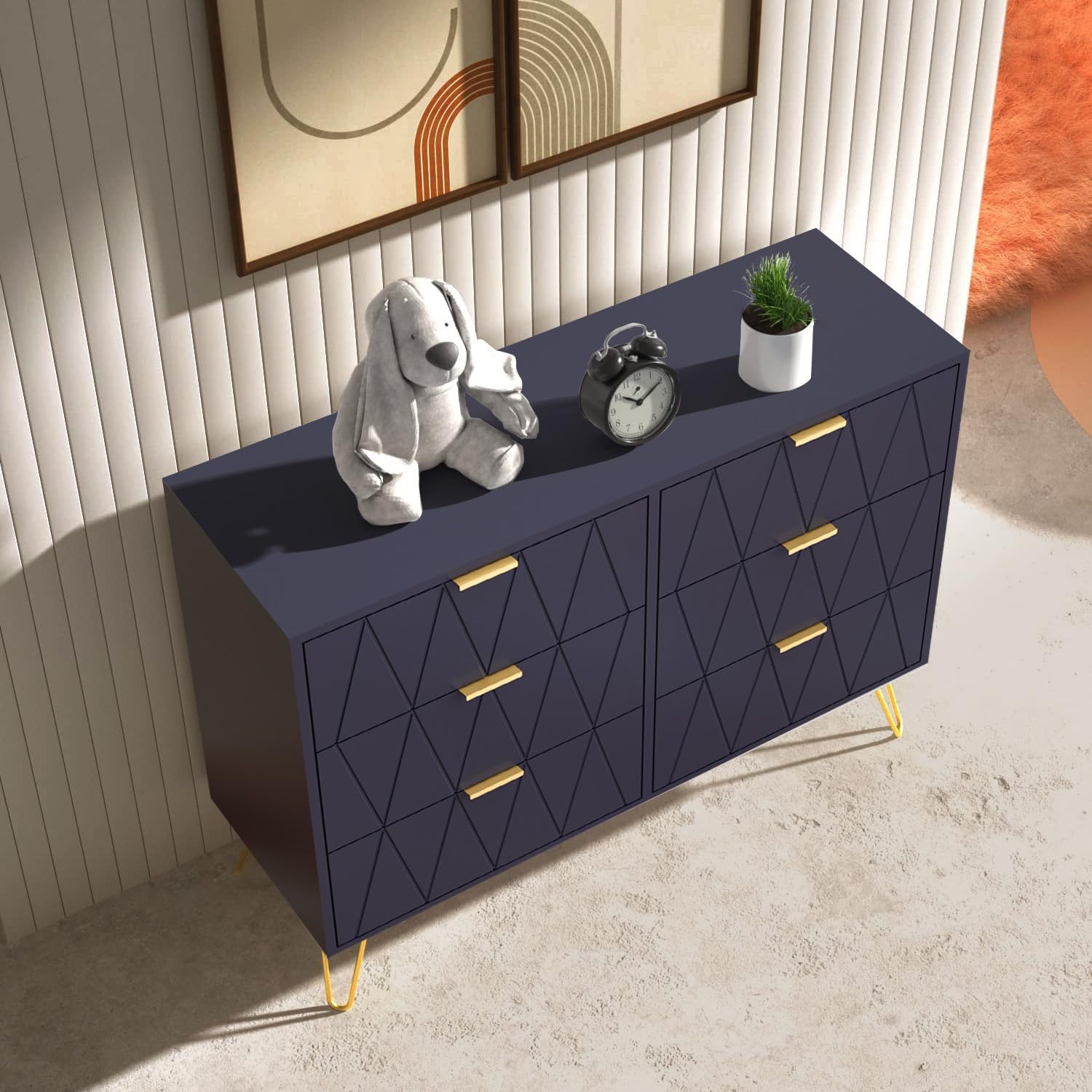 UEV Cassettiera 6 Cassetti, Comò in Legno ingegnerizzato, Mobile Cassettiera Salvaspazio per Camera da Letto, Soggiorno, 100 x 34 x 73cm, Blu