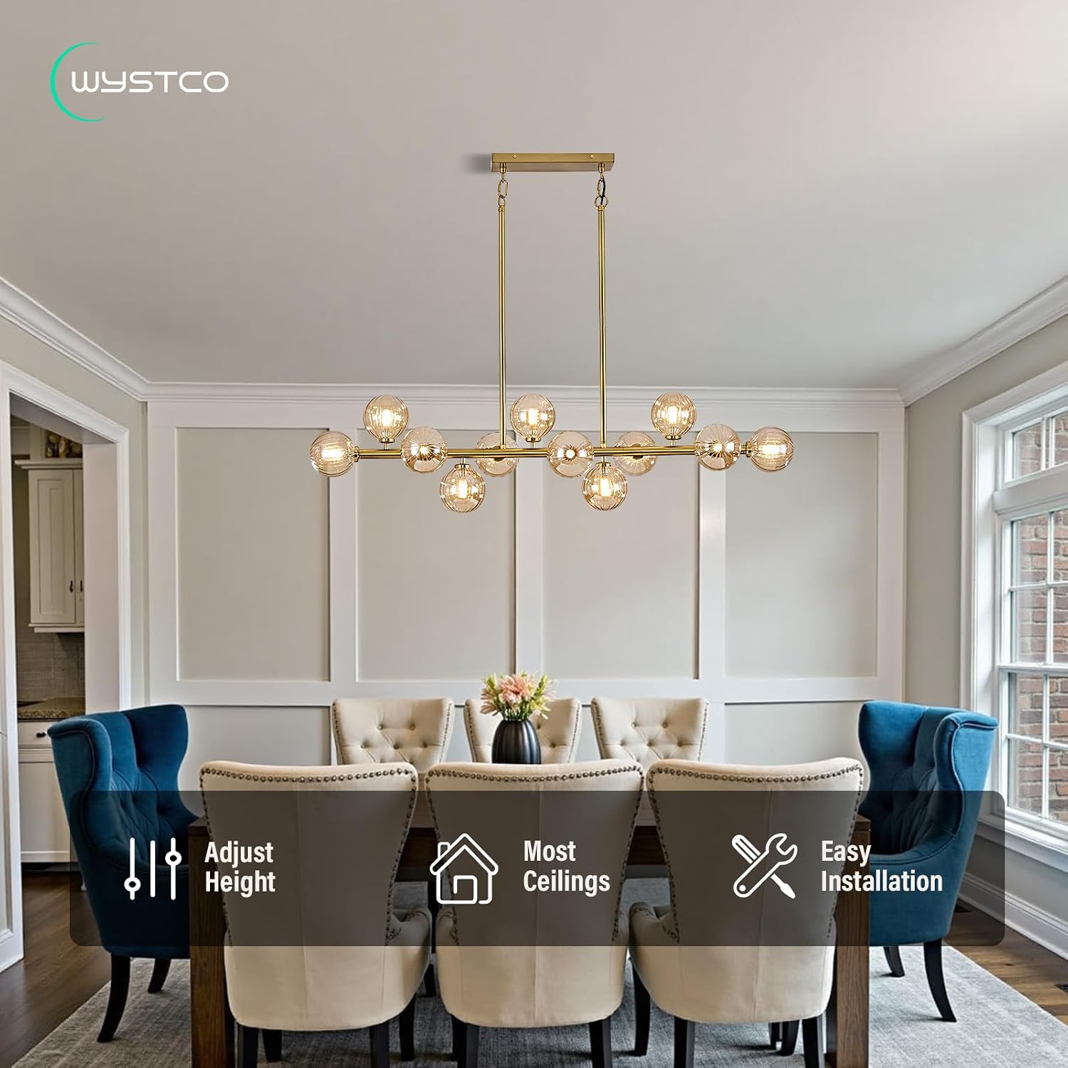 50" Large Glass Globe Sputnik Chandelier, 12-Light Mid Century Modern Dining Light Fixture Over Table, Brass Gold Linear Chandeliers for Dining Room Kitchen Island Living Room (Amber Bubble)