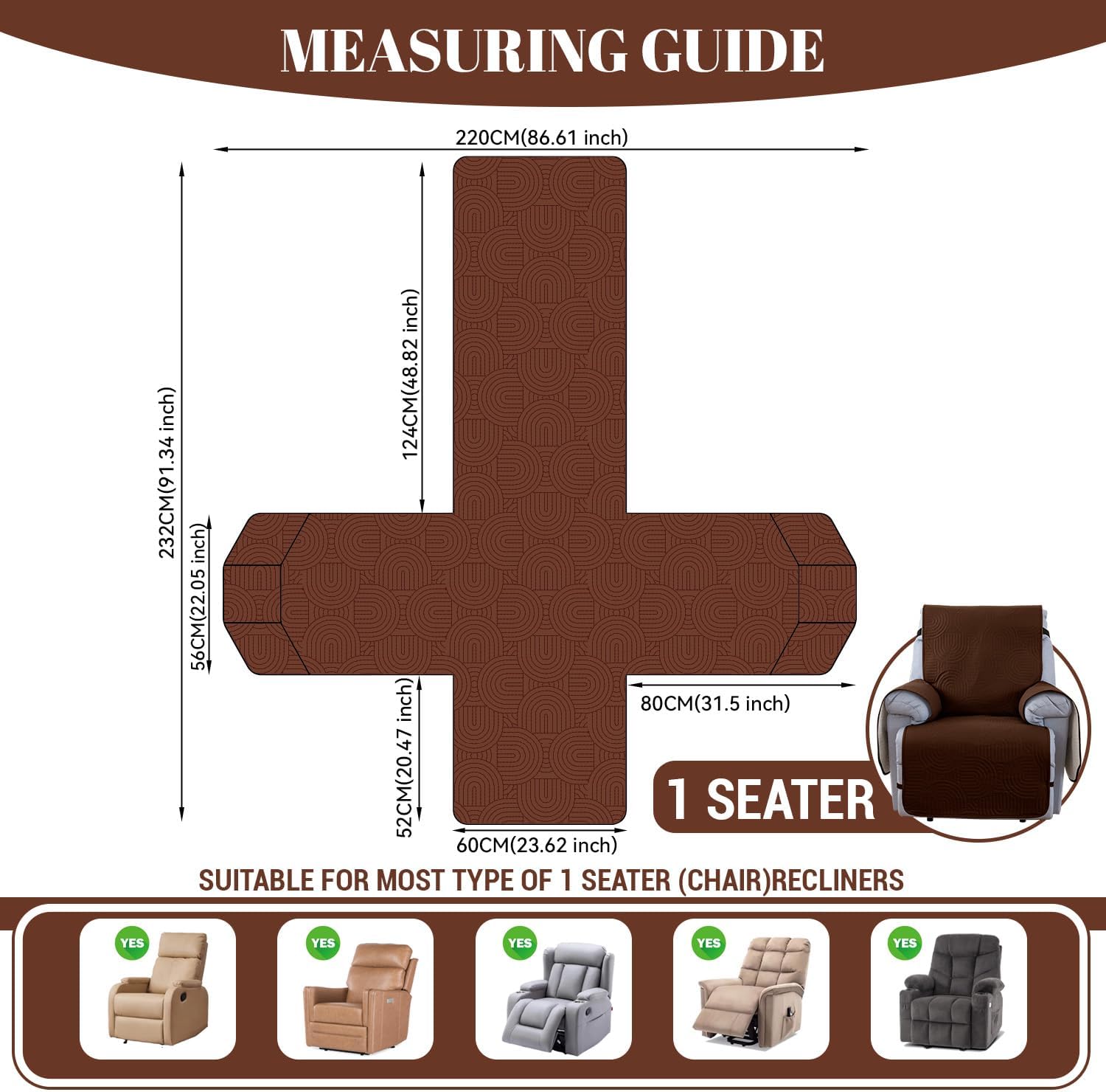 100% Waterproof Recliner Chair Cover,Non Slip Covers for Recliner Chair Washable Dog Chair Cover Furniture Protector with Pocket, Elastic Straps for Kids, Dogs, Pets (Brown, 23.6'')