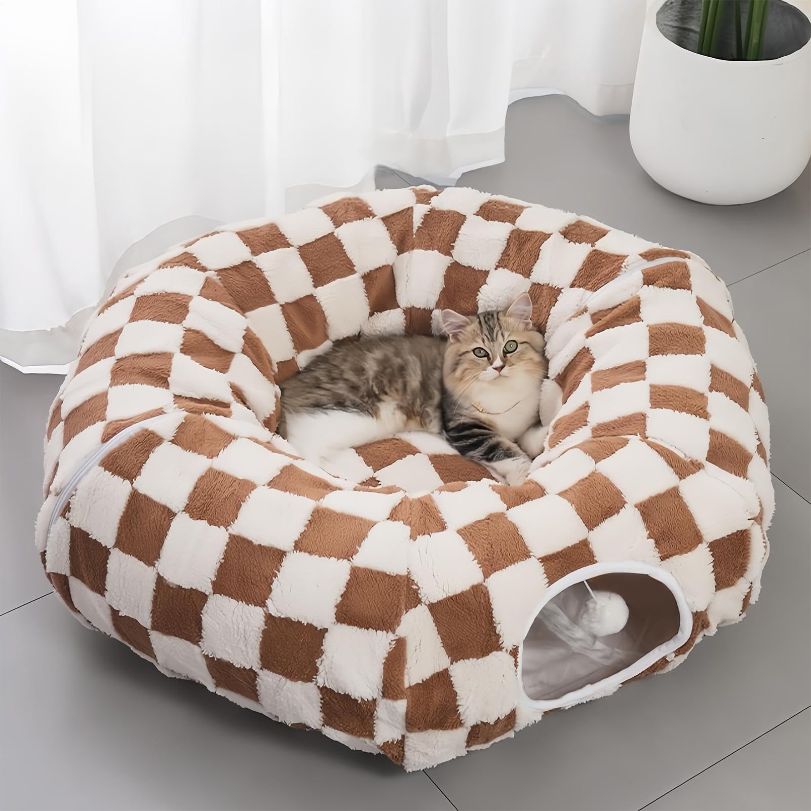Tunnel De pour Chat avec Balle Et Coussin Amovible | Tunnel Lit Pour Chat Grotte Interactifs pour l'Enrichissement des Animaux Chiot Petit Chien Lapin Intérieur Salon Décoration