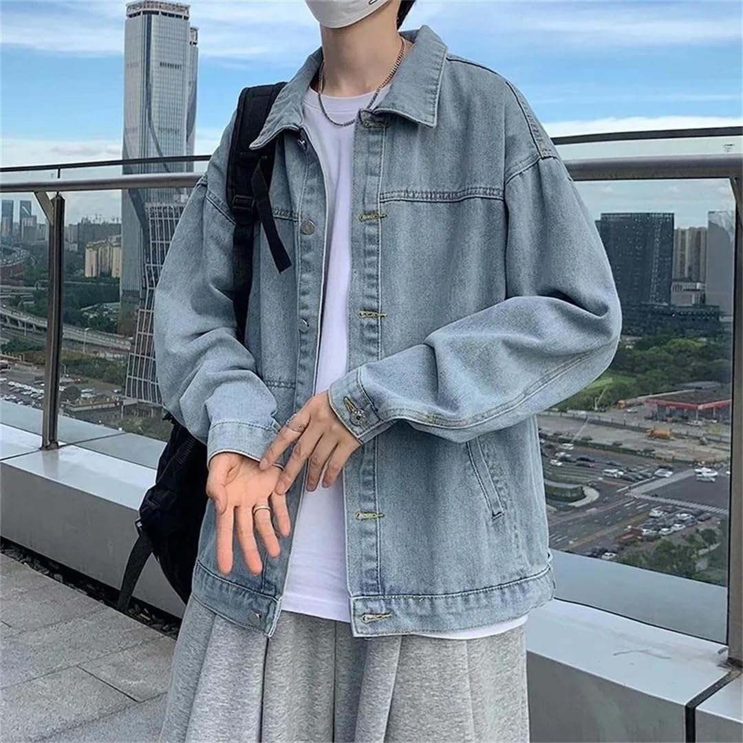 Men's Single Breasted Blue Denim Jacket Retro Loose Fit Outerwear Long Sleeve Coat For Casual Occasions