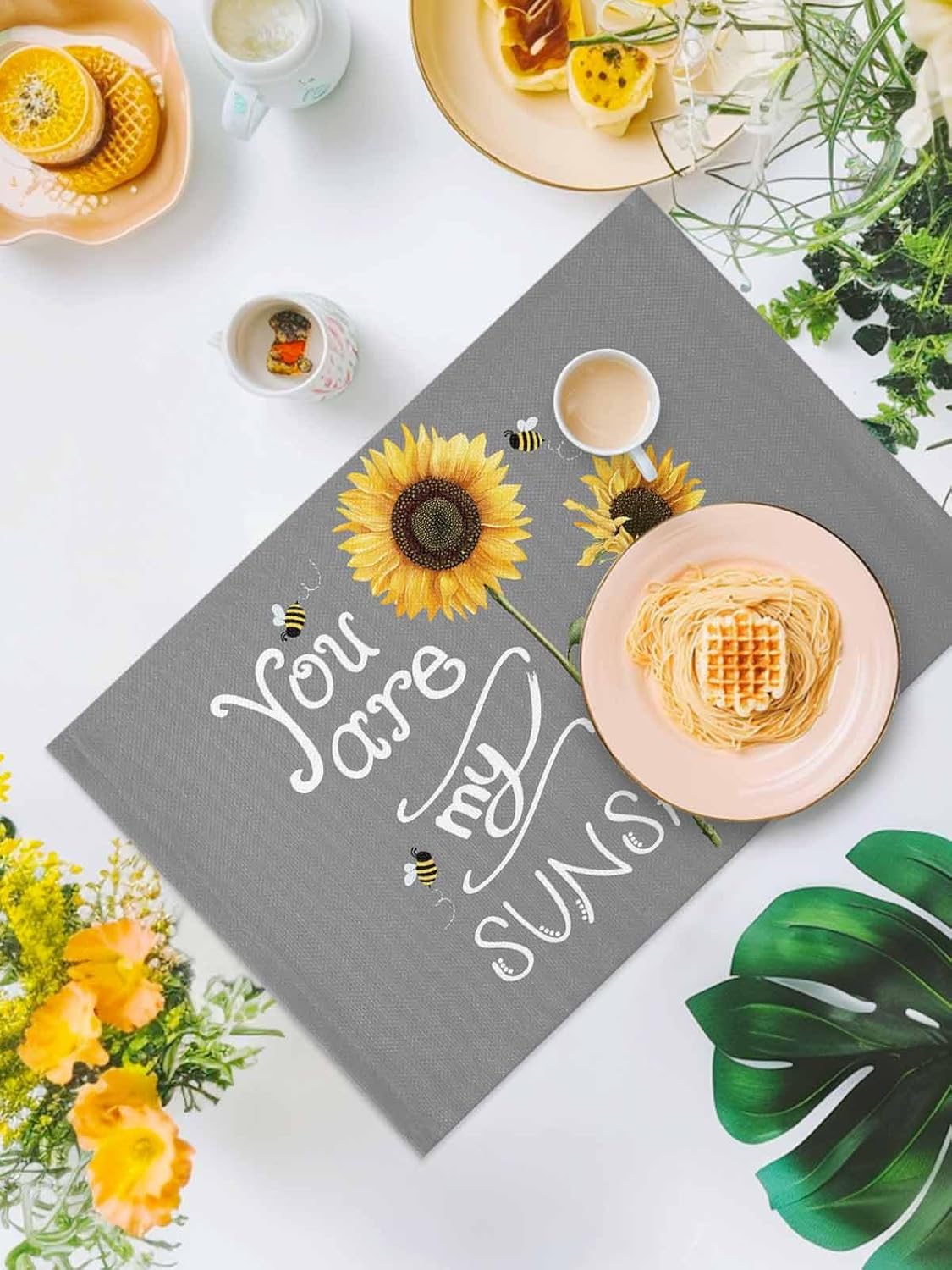 You Are My Sunshine Placemat for Dinning Table Sunflower Placemats Set of 4-Cotton Linen Waterproof Cloth Table Mat-Easy Clean Place Mat,Machine Washable Fabric,Rustic Farmhouse Holiday Dinner Decor