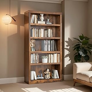 YRLLENSDAN Contemporary 5 Shelf Bookshelf, Wooden Bookcase for Ample Storage, Floor Standing Brown Shelves, Solid Wood Bookcase for Living Room, Bedroom, Kids Room, Office, 35" L x 13" W x 69" H