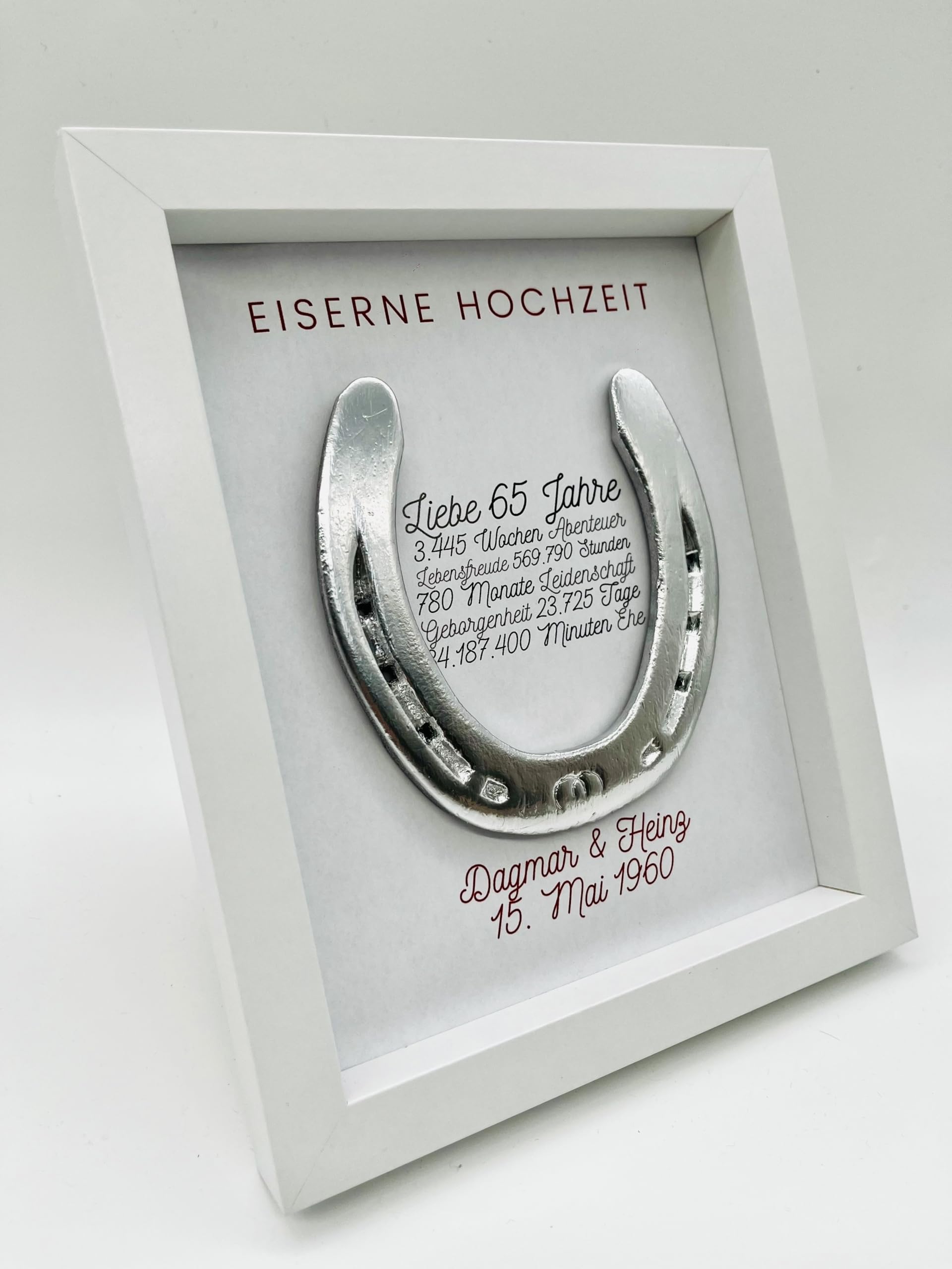 Generisch Geschenk zur eiserne Hochzeit, Eiserne Hochzeit, Wandbild 65 Jahre Ehe, personalisiertes getragenes Hufeisen (Hellbrau)
