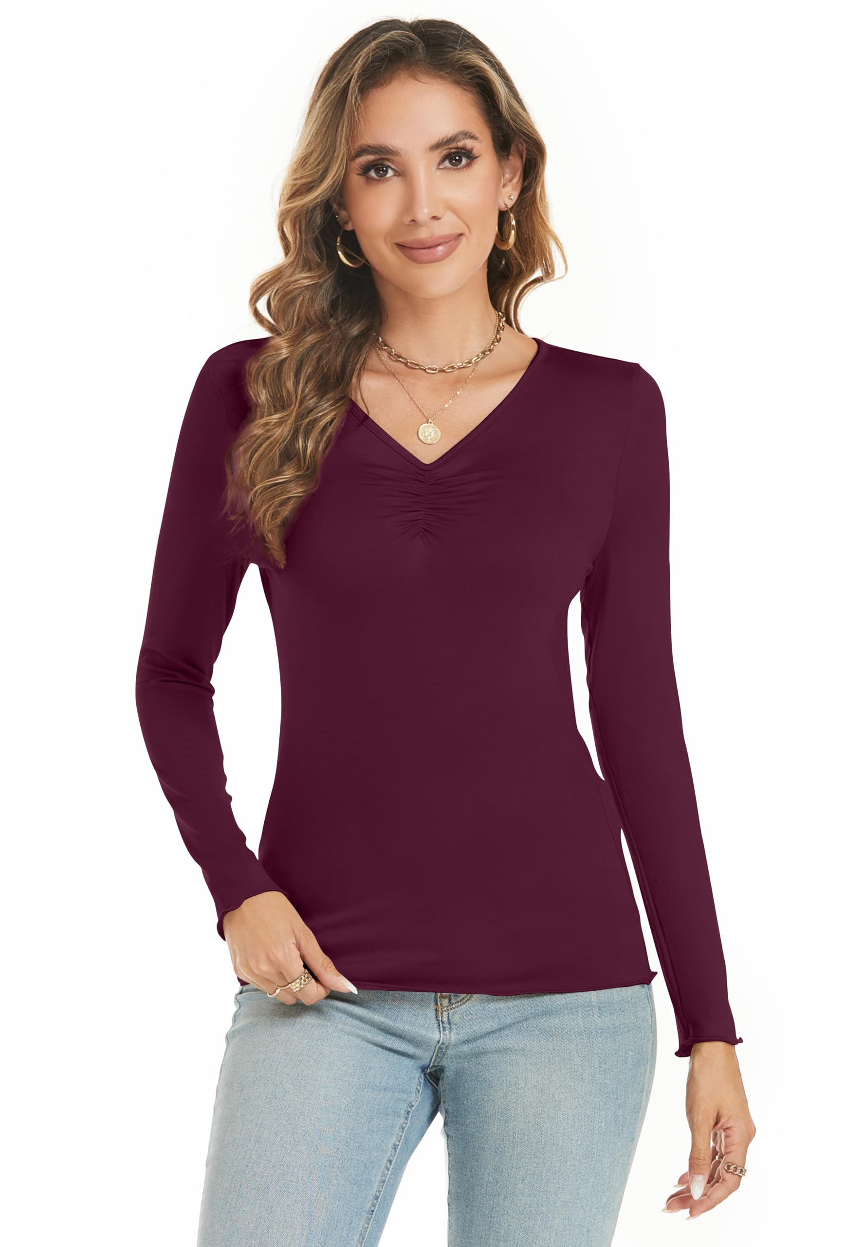 Famrrifuu Langarmshirt Damen V Ausschnitt Oberteile Top Langarm Elegant T-Shirt Stretch Basic Tee Longshirt