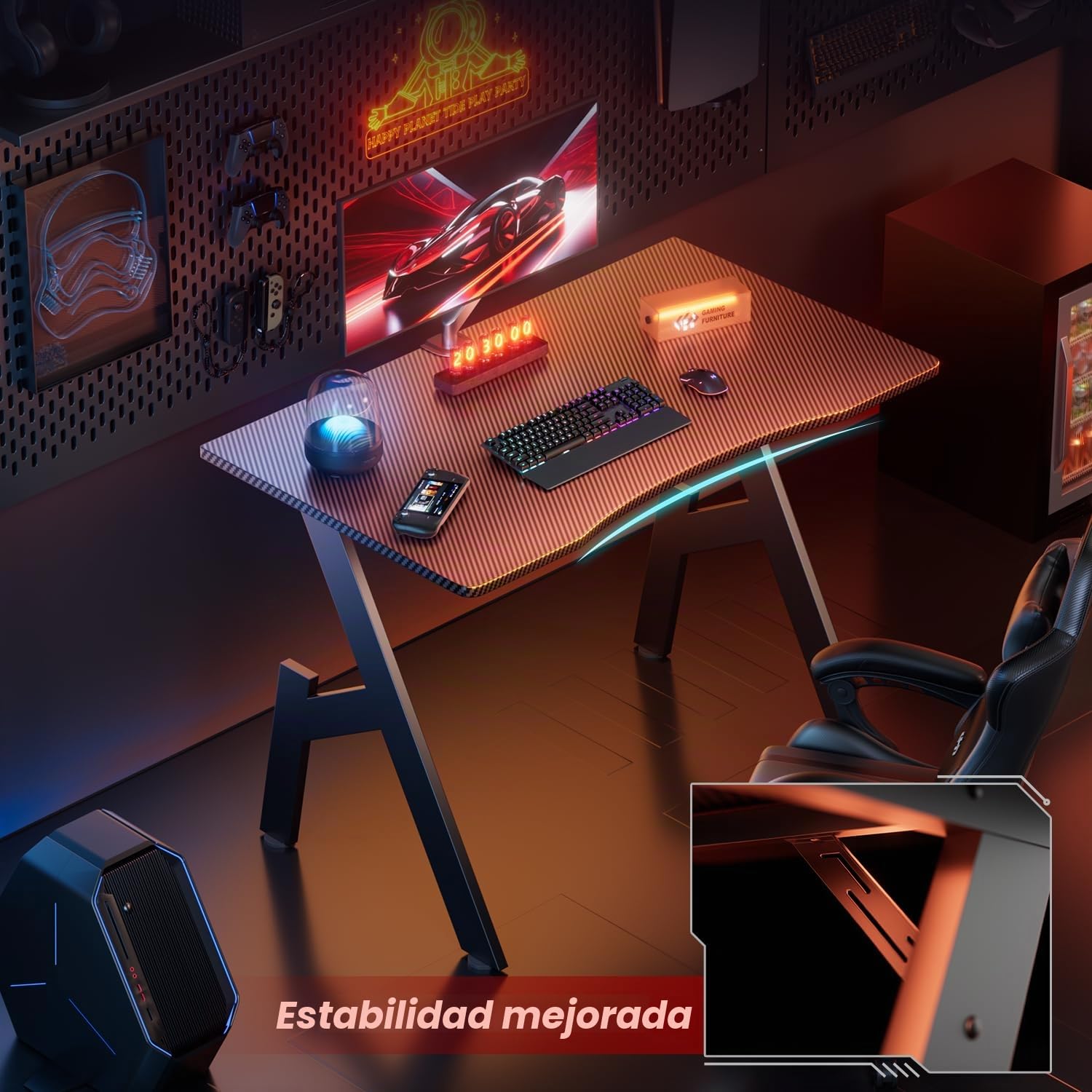 HLONONE Mesa Gaming 80 x 50 cm, Escritorio Gaming de Fibra de Carbono, Mesa Escritorio Ergonómica, Mesa Gamer, Escritorio de Ordenador para Hogar, Oficina, Estudio y Sala de Juegos, Negro | Escritorio ergonómico para videojuegos con superficie de fibra de