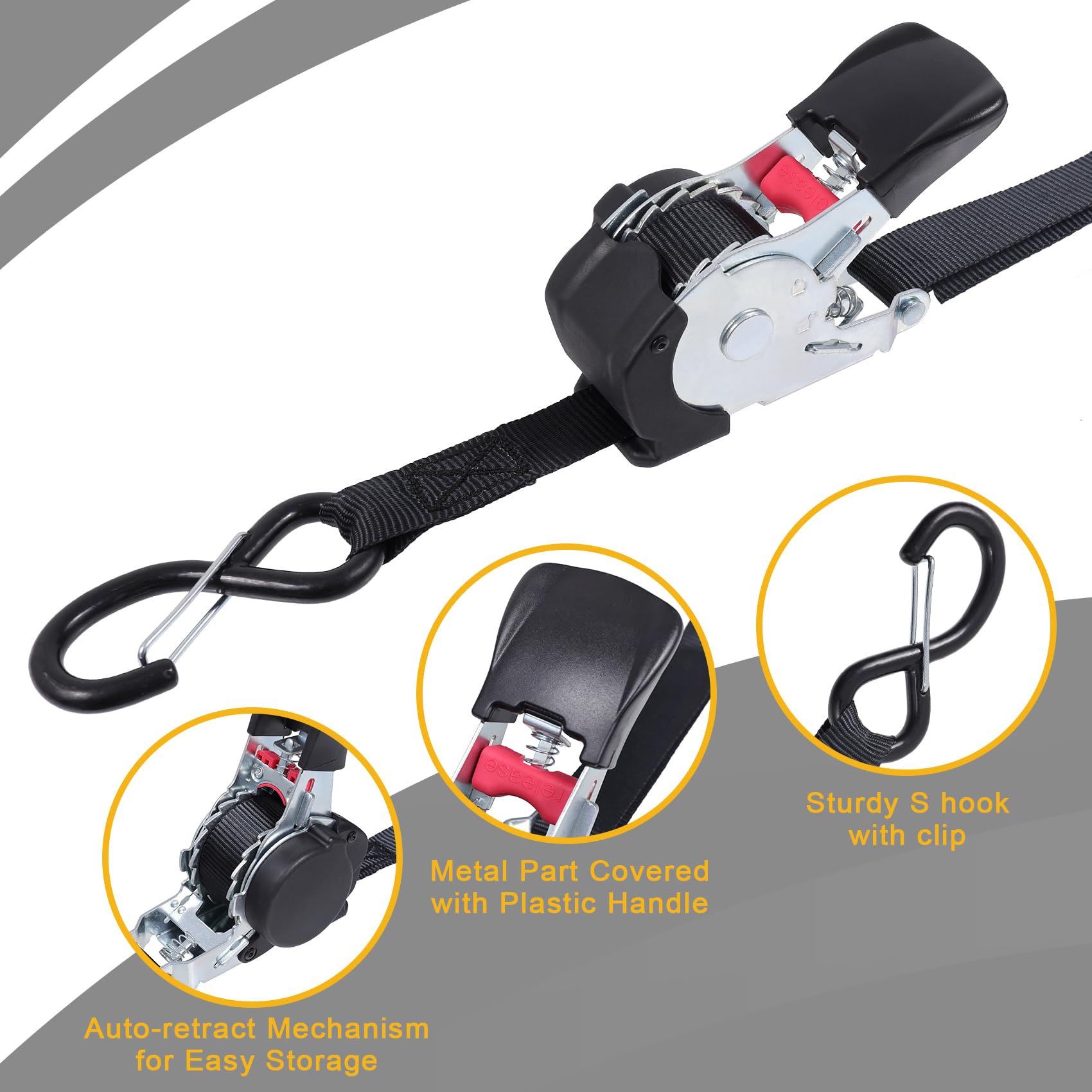 Ayaport Correas de trinquete retráctiles, correas de amarre autoretráctiles, resistencia a la rotura de 1200 libras, resistentes a la rotura, 12 pies para motocicleta, moto de cross, carga en