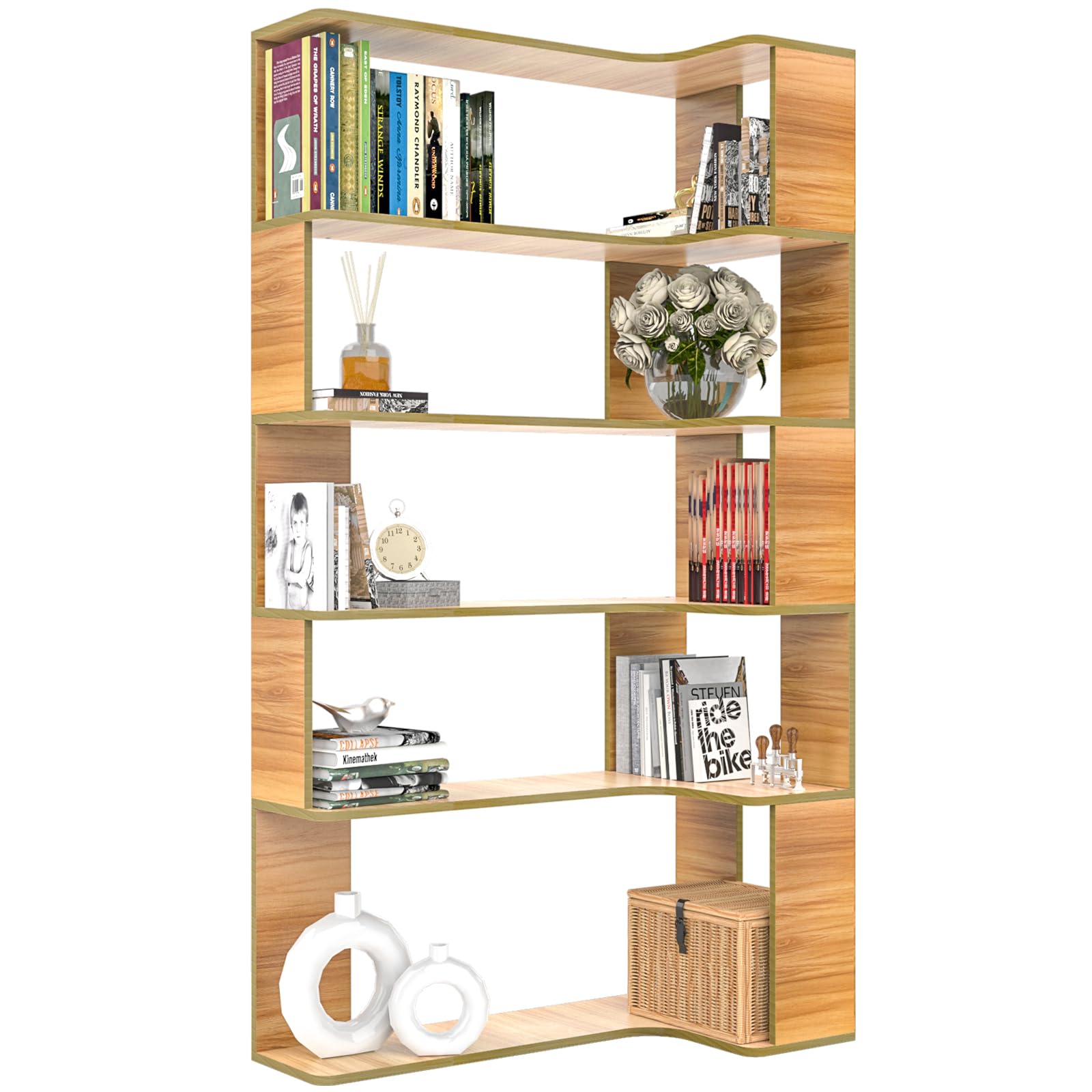 Estantería esquinera de 5 plantas, madera, altura: 169 cm, gran estantería, estilo moderno, mueble de almacenamiento para salón, estudio, dormitorio, blanco