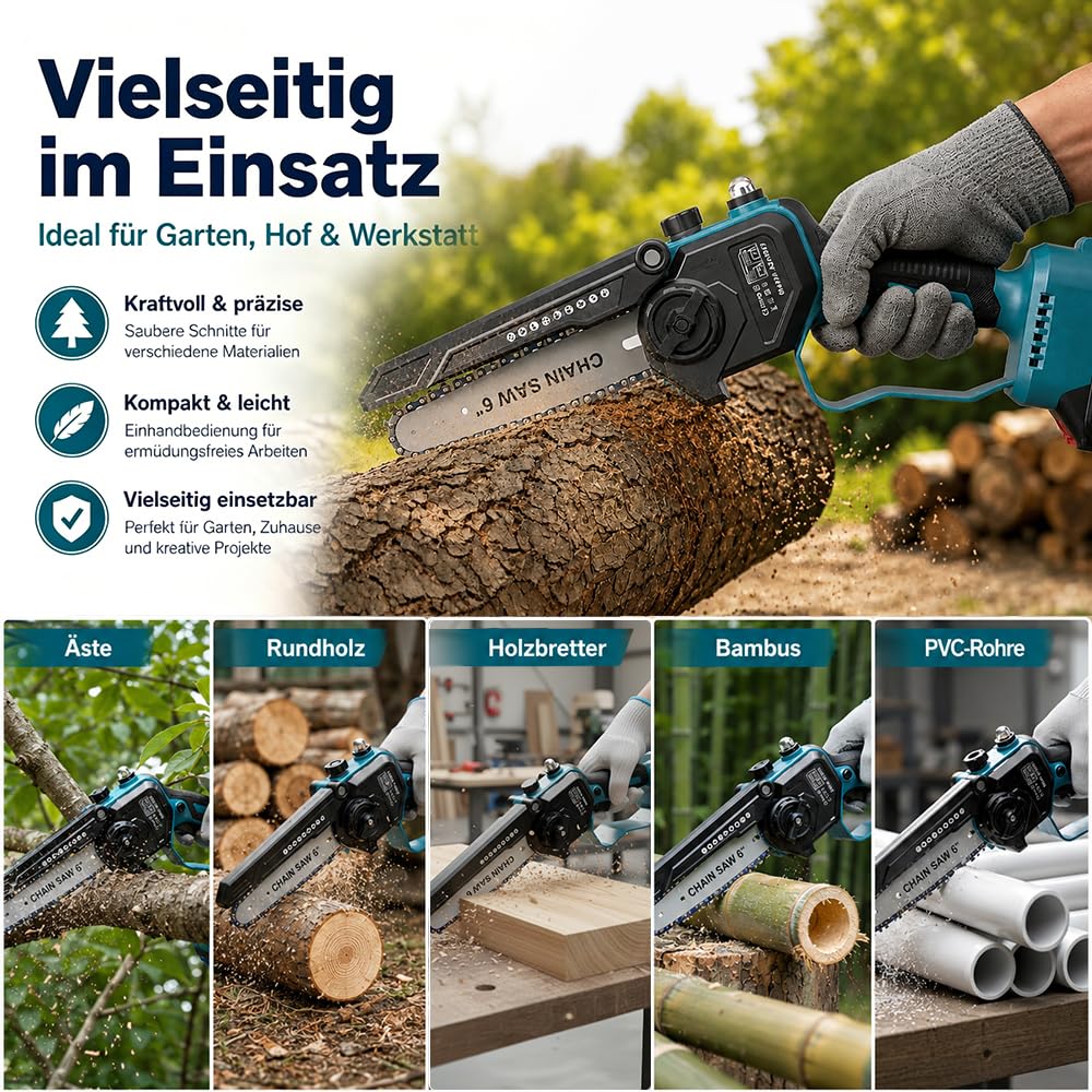 Mini Kettensäge 6 & 8 Zoll Set, Astsäge Akku für Baum- und Astschnitt, Kleine Säge mit Automatische Kettenschmierung & Werkzeuglose Kettenspannung, Kompatible mit Makita Akku 18V (ohne Akku)