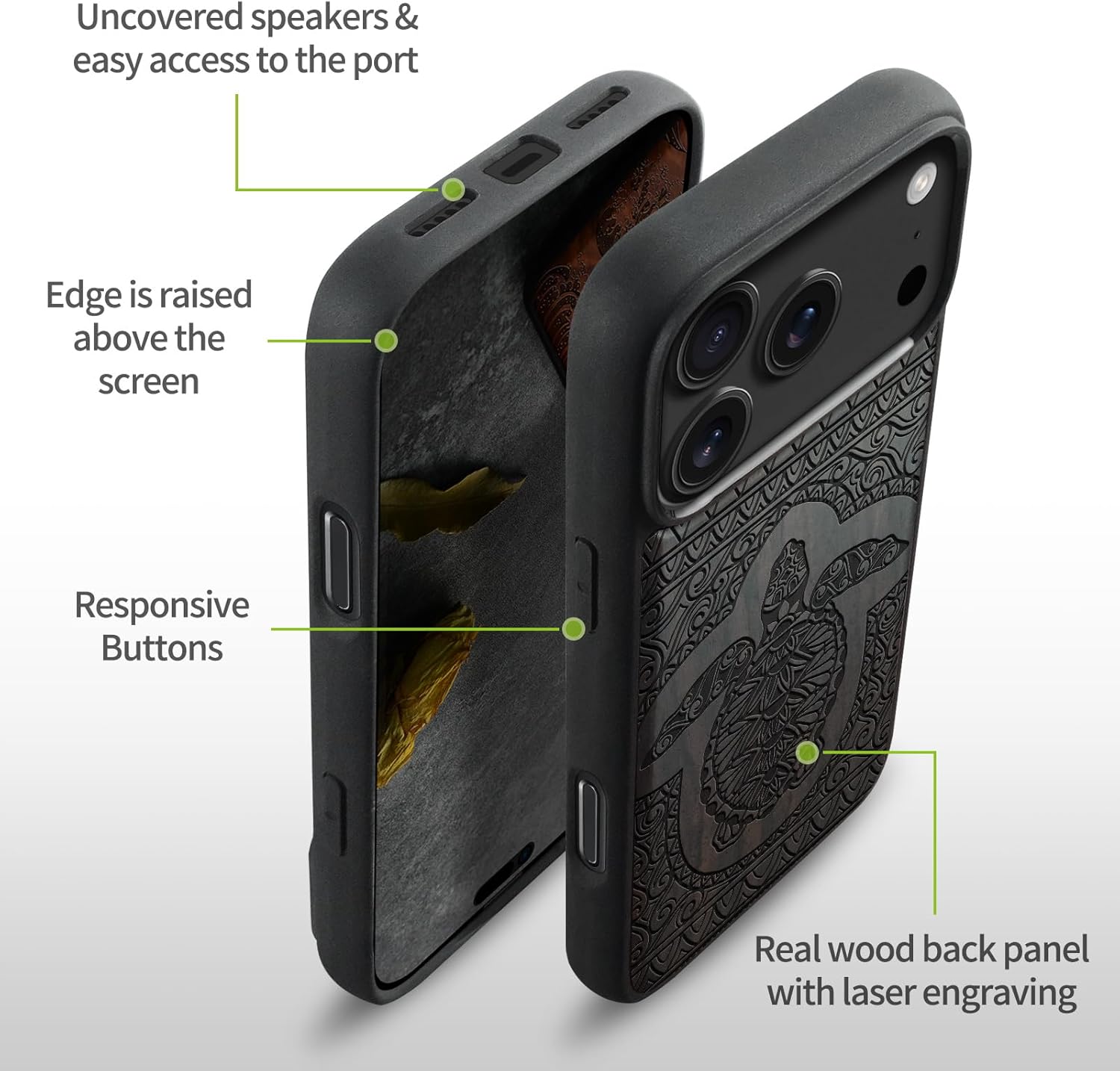 Carveit Magnetic Wooden Case for iPhone 17 Pro Max Case, Wood Artisan Engraved & Black Soft TPU Shockproof Cover, Compatible with MagSafe Wireless Chargers (The Turtle of Timeless) Blackwood