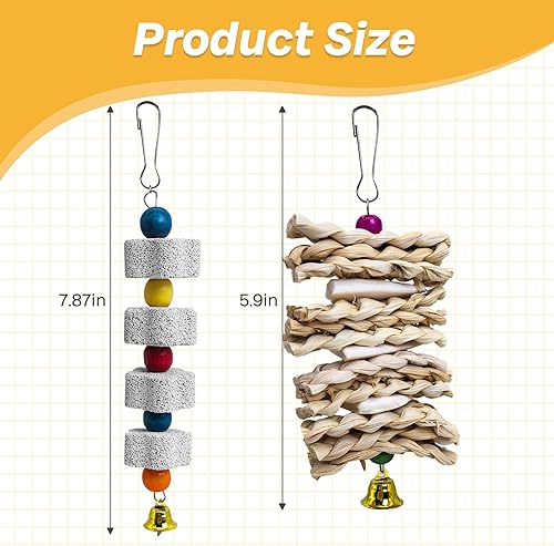 Miniatura 2 de PINVNBY Paquete de 2 juguetes para loros, juguete para masticar, pico de hueso de corte, jaula de piedra para colgar con campana para grises