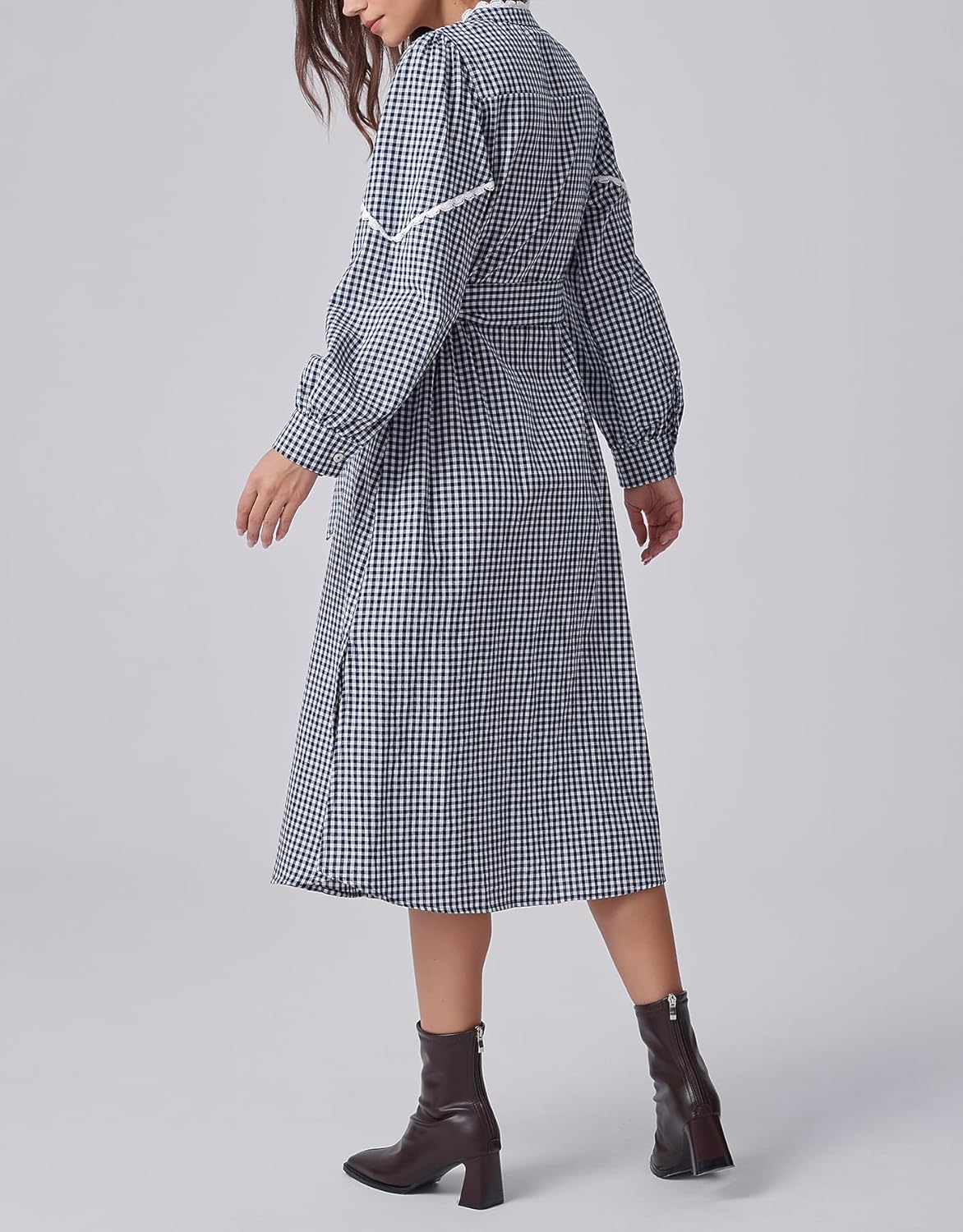 Kedera Womens Casual Mock Neck Gingham Dress Long Balloon Sleeves Button Down Tie Waist Smocked Midi Dresses - Image 2