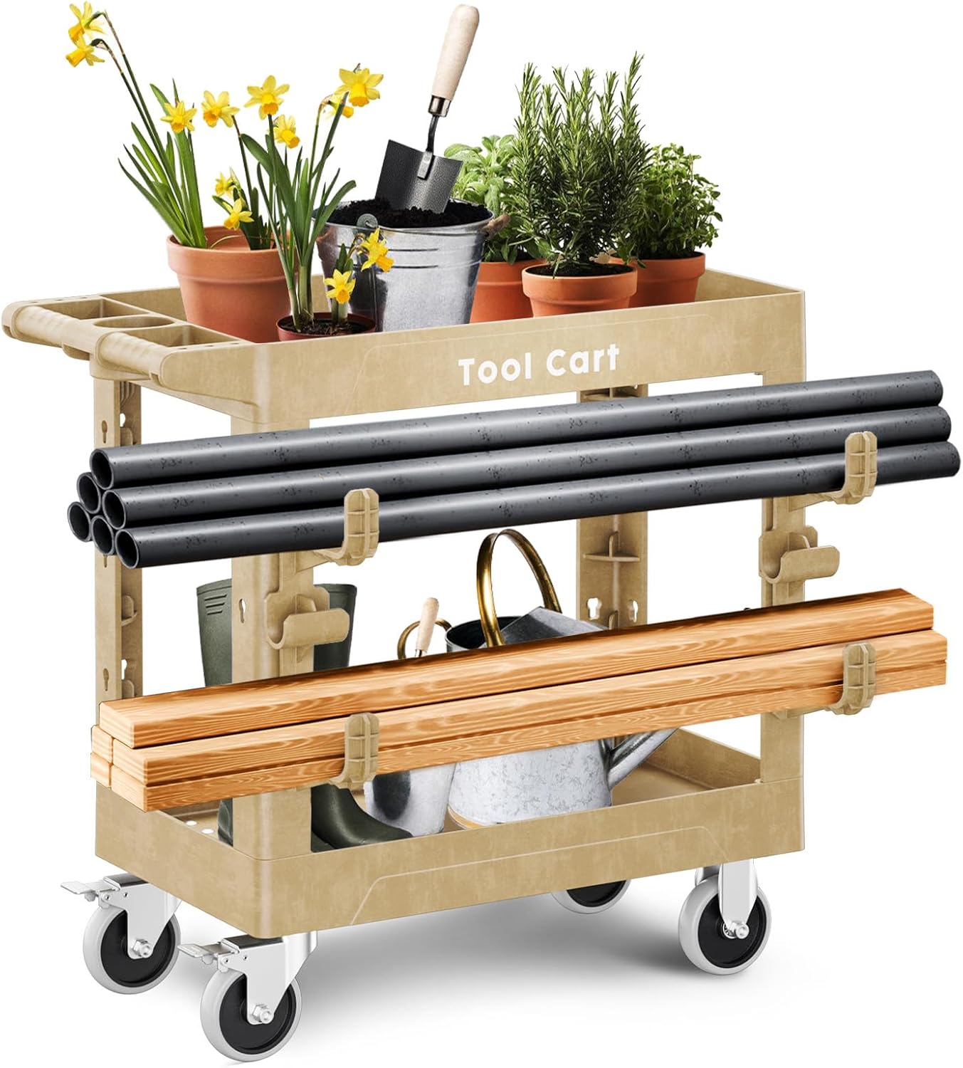 Garden Cart on Wheels, 600Lbs Gardening Scooter with Upgraded Side Tube Holder Hooks&Full Swivel Wheel, 34 x 17 Inch Deep Shelve 2 Tier Yard Cart for Outdoor, Patio and Yard, Wood