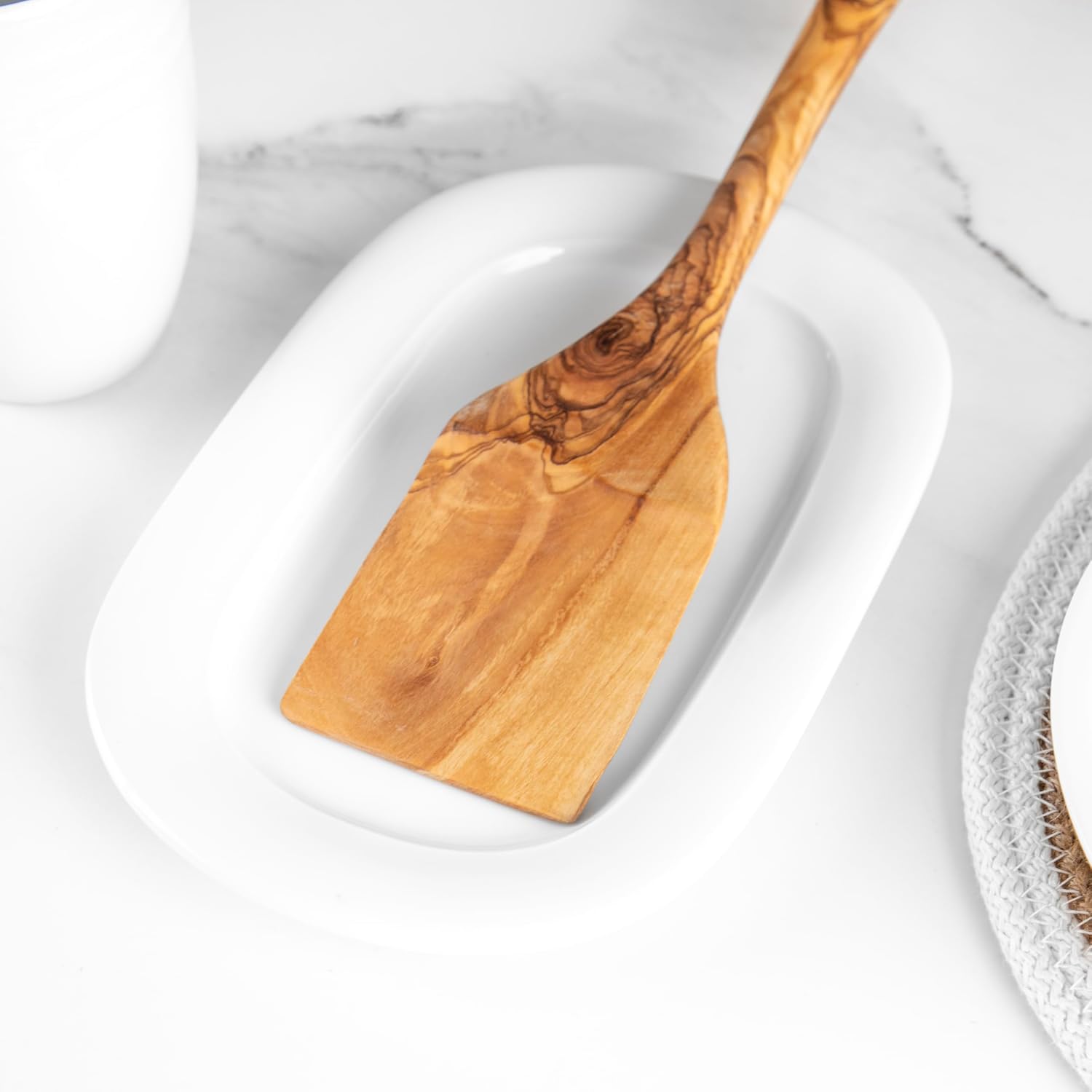 Handmade Olive Wood Spatula Set of 2 – 13.8” Flat Turner & Slotted Flat Spatula for Cooking and Serving | Durable Wooden Kitchen Utensils with Beeswax Finish