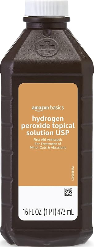 Amazon Basics Solución tópica de peróxido de hidrógeno USP, Antiséptico de primeros auxilios para cortes, raspaduras y protección contra infecciones, 16 fl oz, paquete de 1 (anteriormente Solimo)