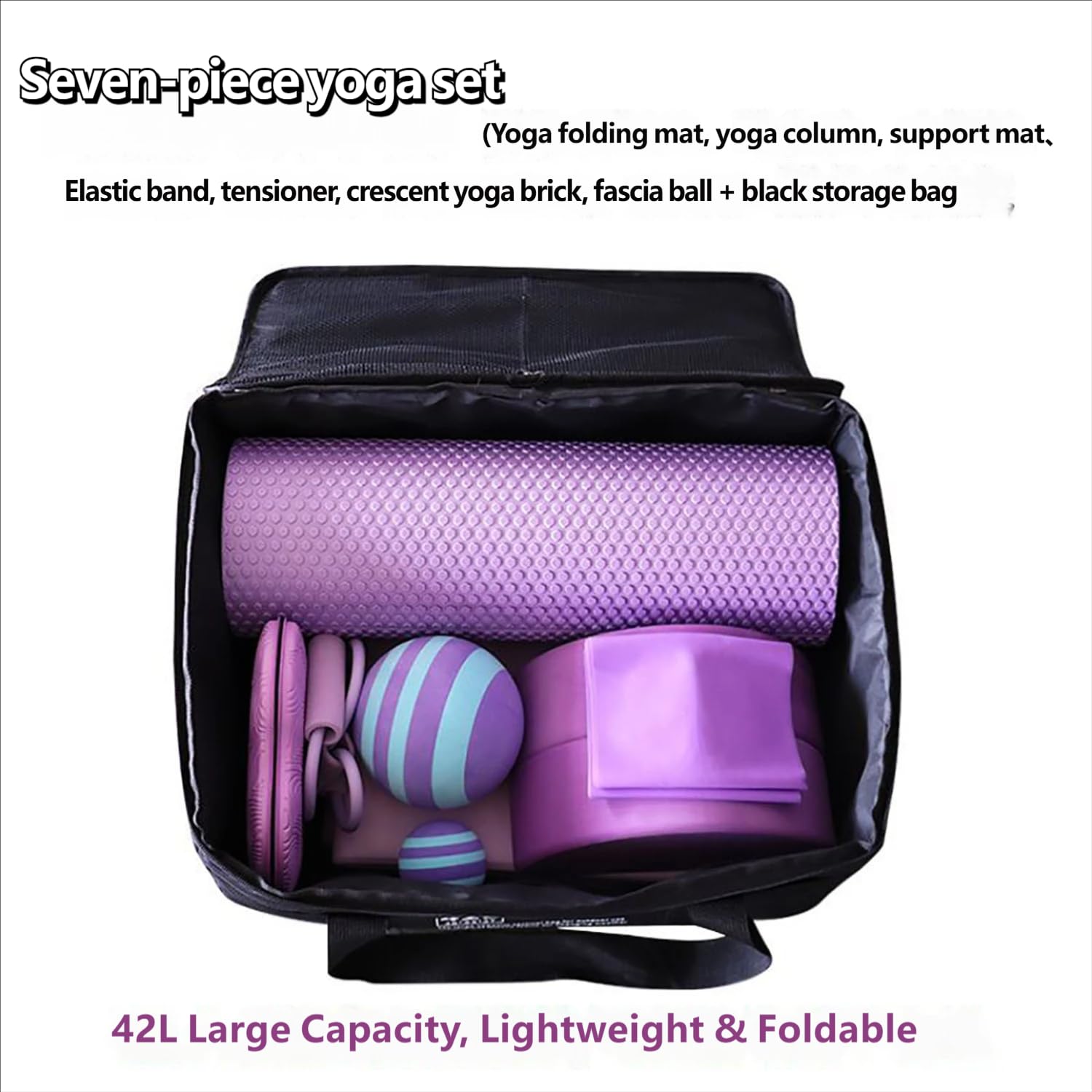 NILoykg& Set Yoga 7 in 1, Kit Attrezzatura Yoga con Tappetino Yoga Pieghevole, Rullo in Schiuma, Blocchi Yoga, Fasce di Resistenza, Cinghia per Stretching, Palla e Borsa per Il Trasporto,Viola