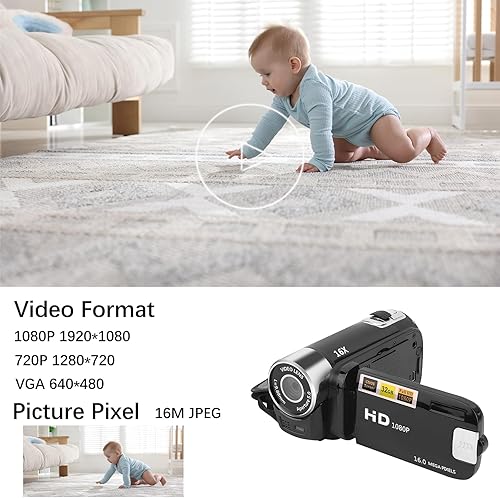 Miniatura 6 de Videocámara digital, portátil 1080P de alta definición, cámara de video digital DV, zoom 16X, rotación de 270°, batería incorporada con tarjeta SD