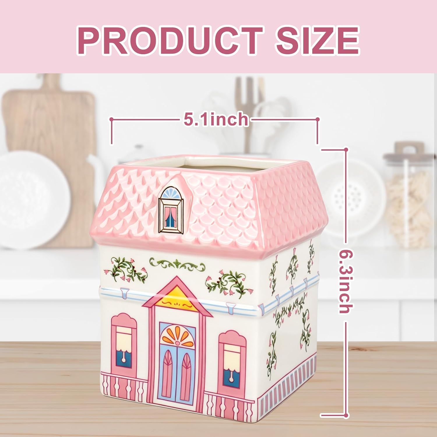 FYSUIMU 3D Pink House Ceramic Utensil Holder Cute Bow House Utensil Crock Cooking Tool Storage Organizer Container for Farmhouse Home Kitchen Countertop Decor
