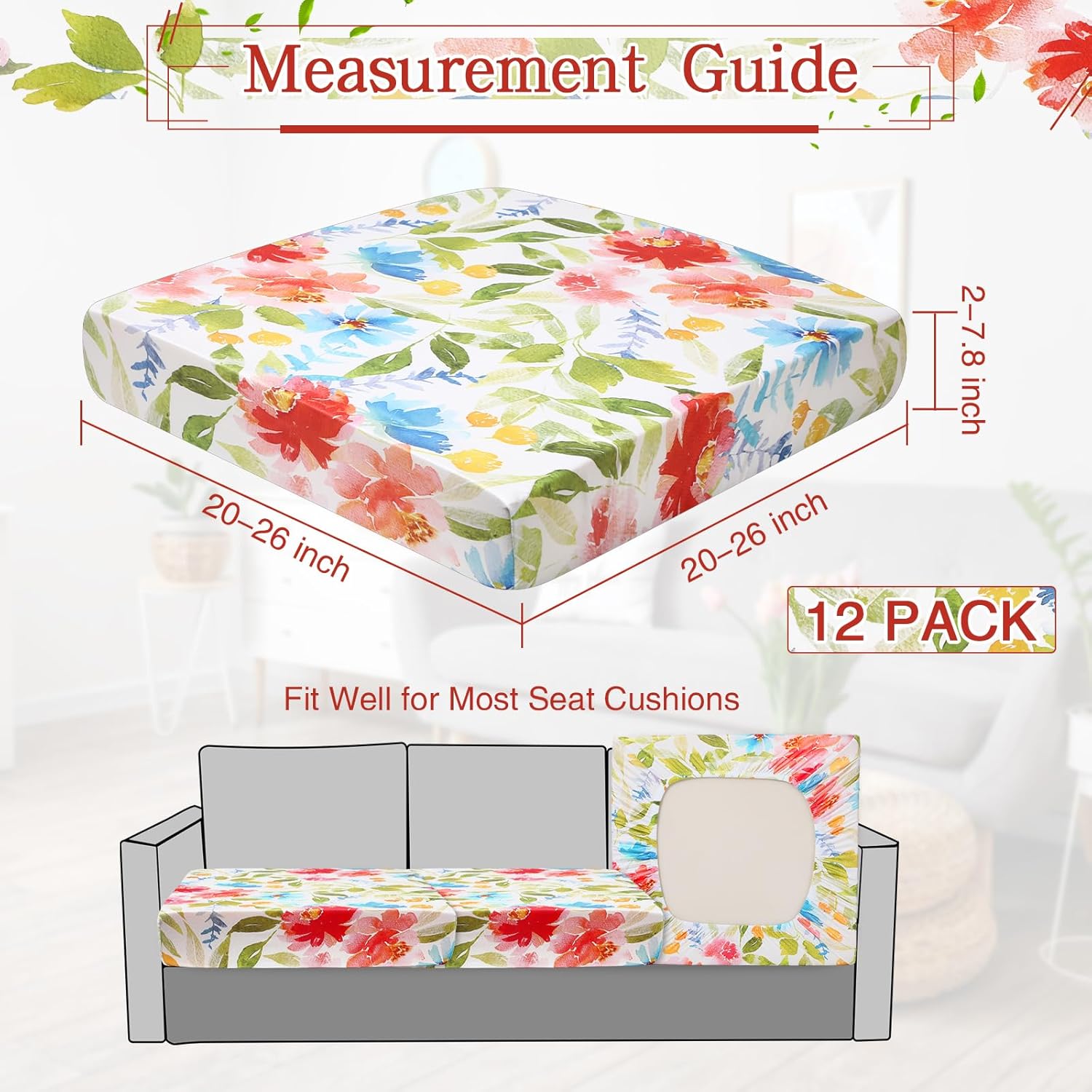 Newwiee 12 Pcs Patio Cushion Covers Outdoor Stretch Sofa Couch Cover Replacement Couch Slipcover Sofa Seat Chair Porch Patio Furniture Protector, Flexibility Washable(Watercolor,Flower)
