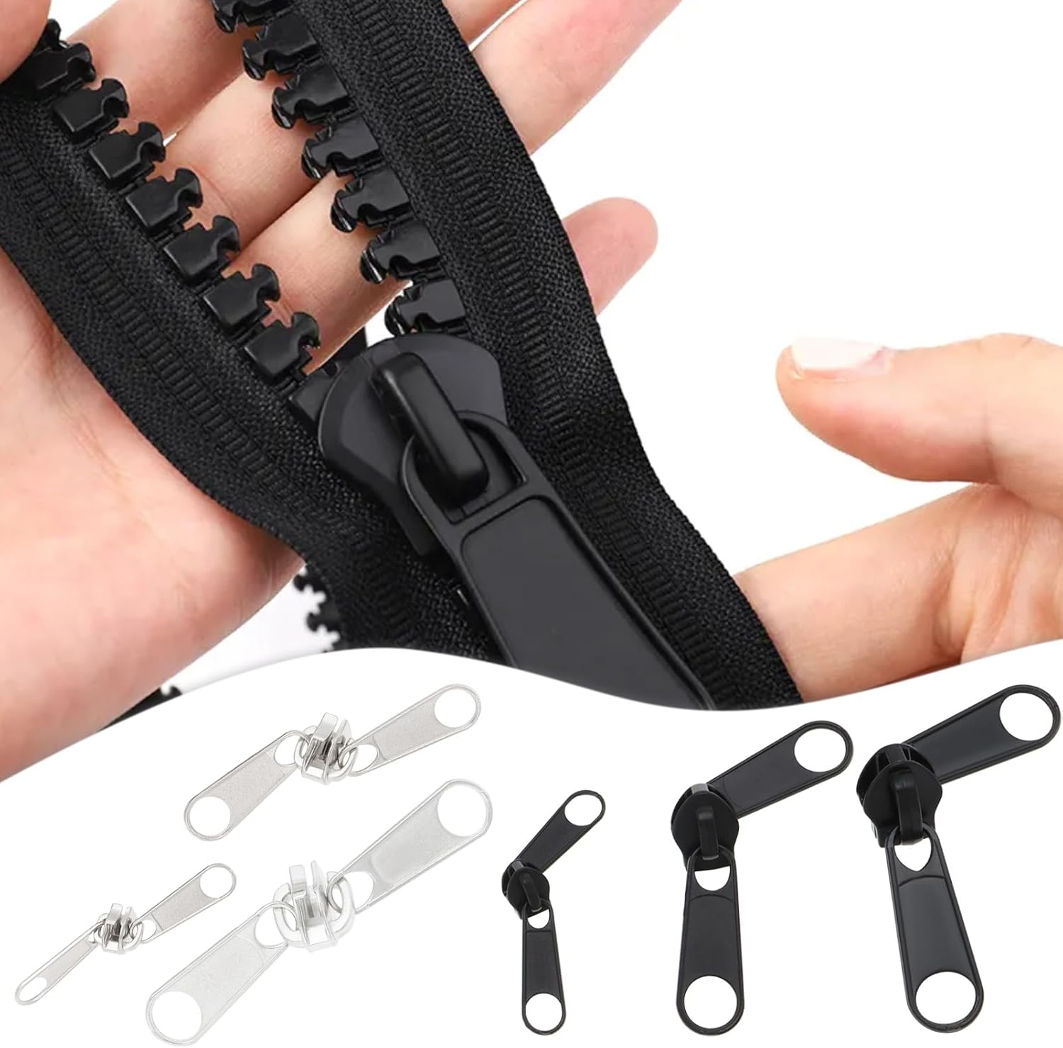 Create Idea 24pcs Double Sided Metal Coil Reversible Zipper Head Replacement for Outdoor Tent, Nylon Roll Clothes, Black & Silver