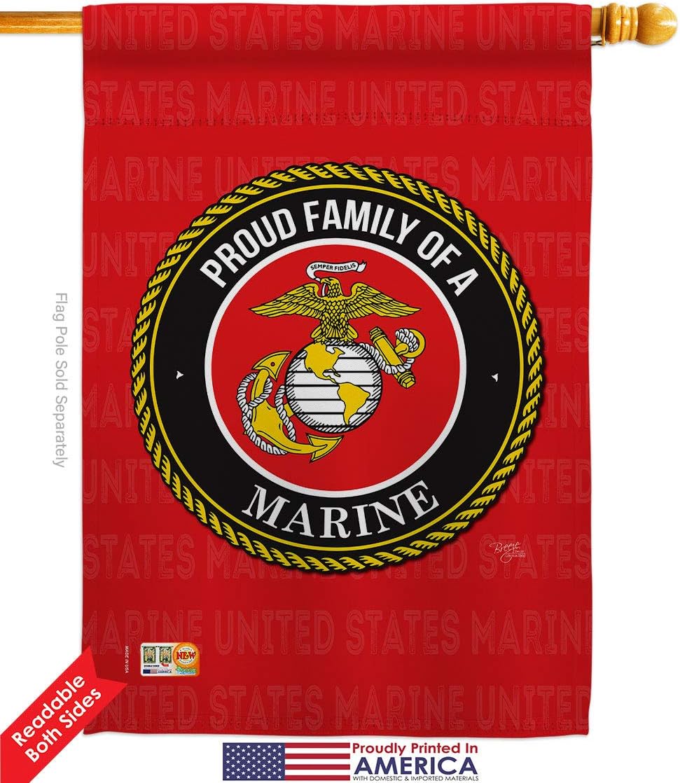 Proud Family Marines House Flag Dowel Set Armed Forces Marine Corps USMC Semper Fi United State American Military Veteran Retire Official Small Gift Yard Banner Double-Sided Made In USA 28 X 40