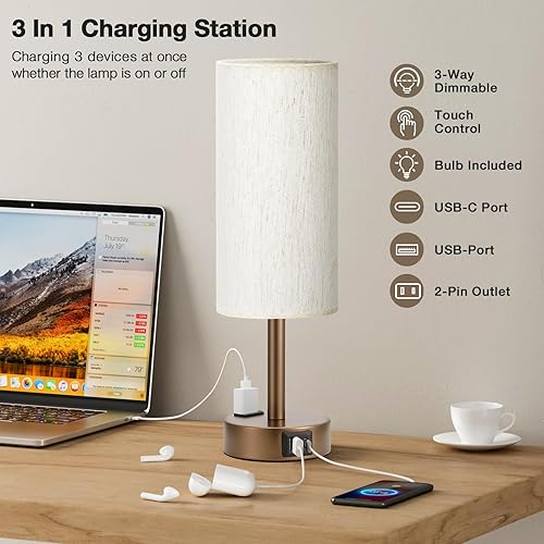 Vista 69 de Fenmzee Juego de lámparas de mesa pequeñas táctiles regulables de 2 a 3 vías, carga USB A + C, salida de CA, base de grano de madera, bombillas