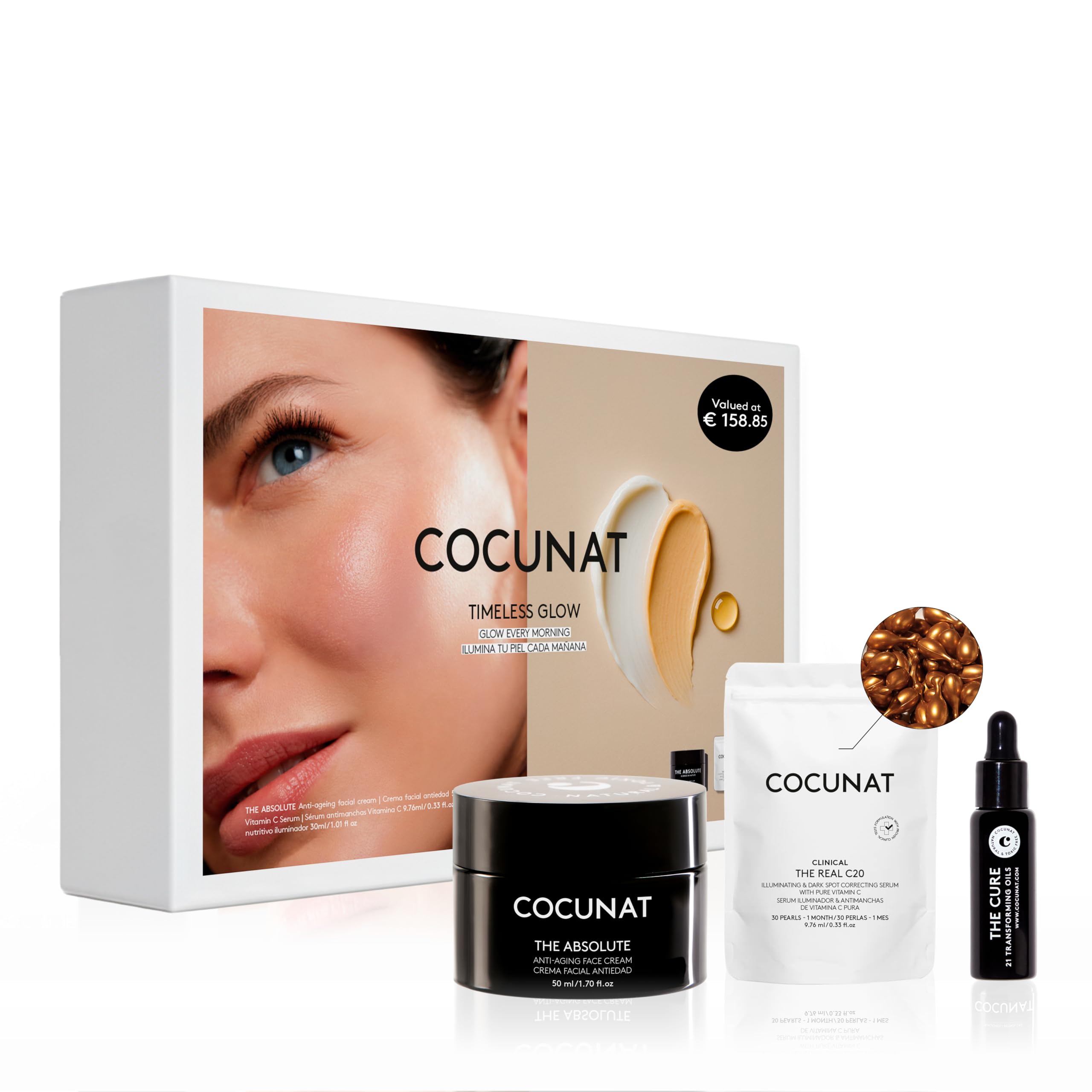 COCUNAT Timeless Glow Set Cofanetto Antietà Crema Viso Vitamina C Siero | Rituale illuminante intensivo con vitamina C pura e acido ialuronico. Riduce le rughe e le macchie della pelle.